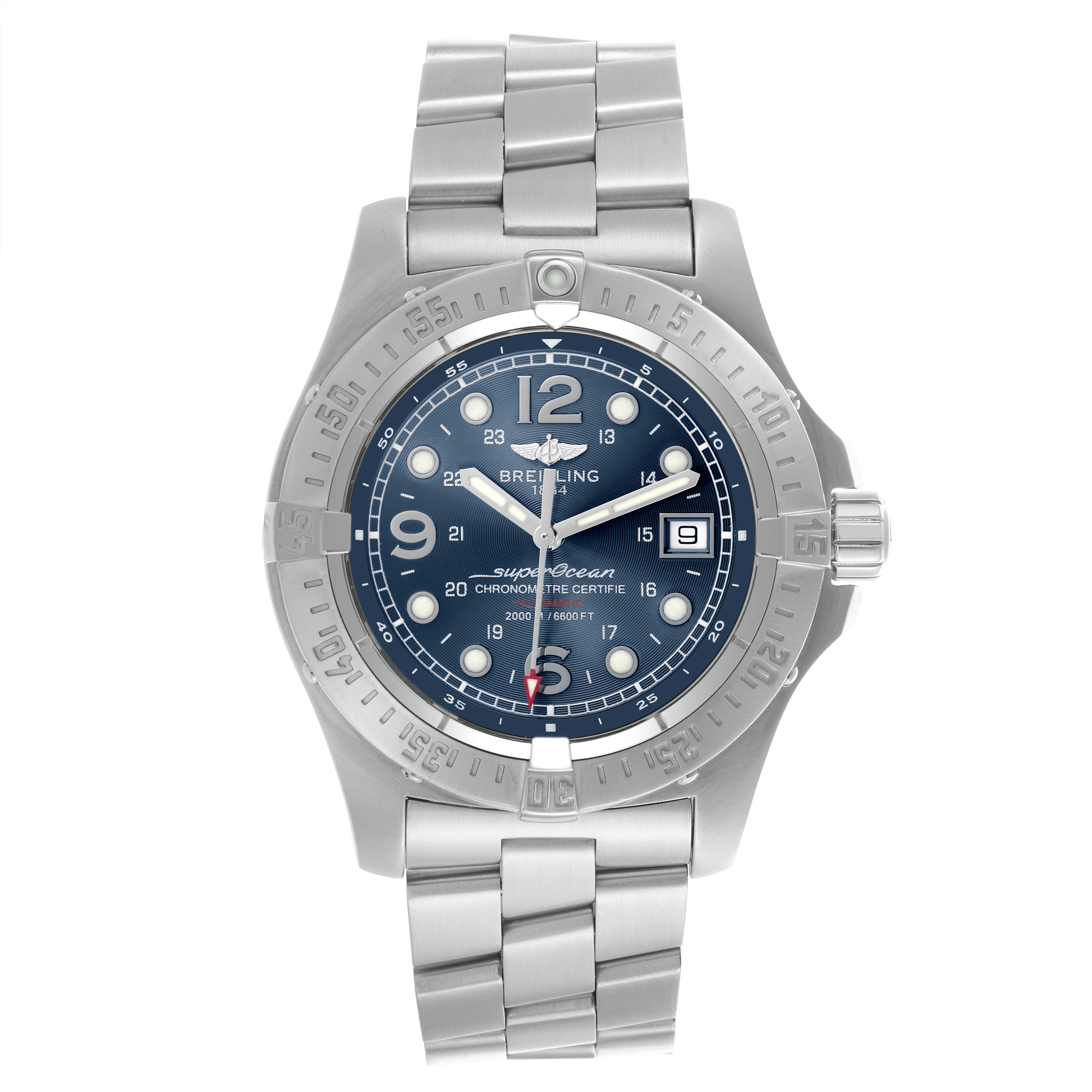 The Breitling Superocean A1739010/C666 Men's Stainless Steel Blue Dial A1739010/C666 Men's Stainless Steel Blue Dial watch is shown from a top view, displaying the dial, bezel, crown, and metal bracelet.