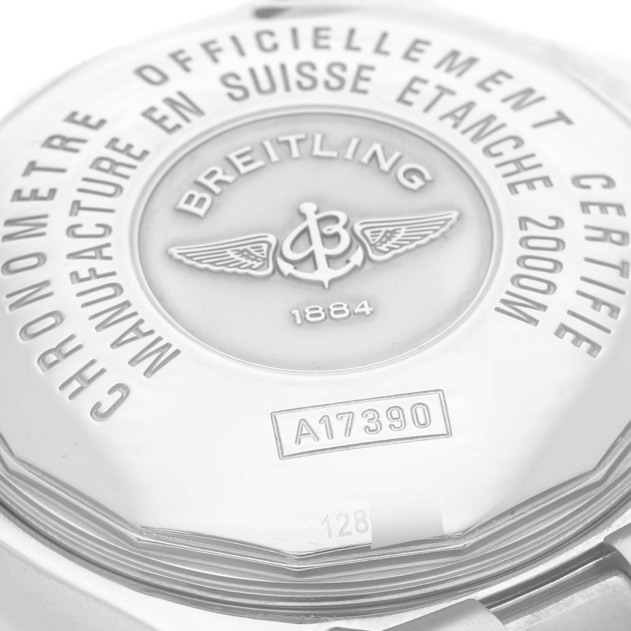 The image shows the back case of a Breitling Superocean A1739010/C666 Men's Stainless Steel Blue Dial A1739010/C666 Men's Stainless Steel Blue Dial watch, highlighting engravings and brand details.