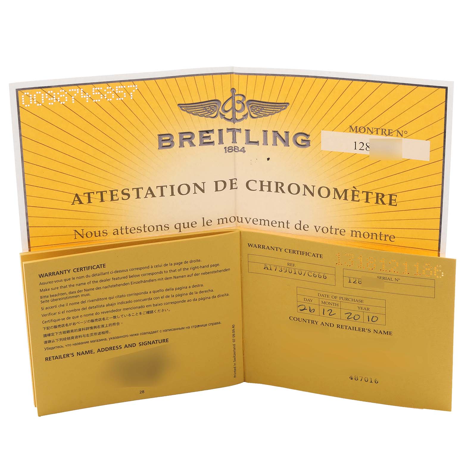The image shows warranty and chronometer certificates for a Breitling Superocean A1739010/C666 Men's Stainless Steel Blue Dial A1739010/C666 Men's Stainless Steel Blue Dial watch.