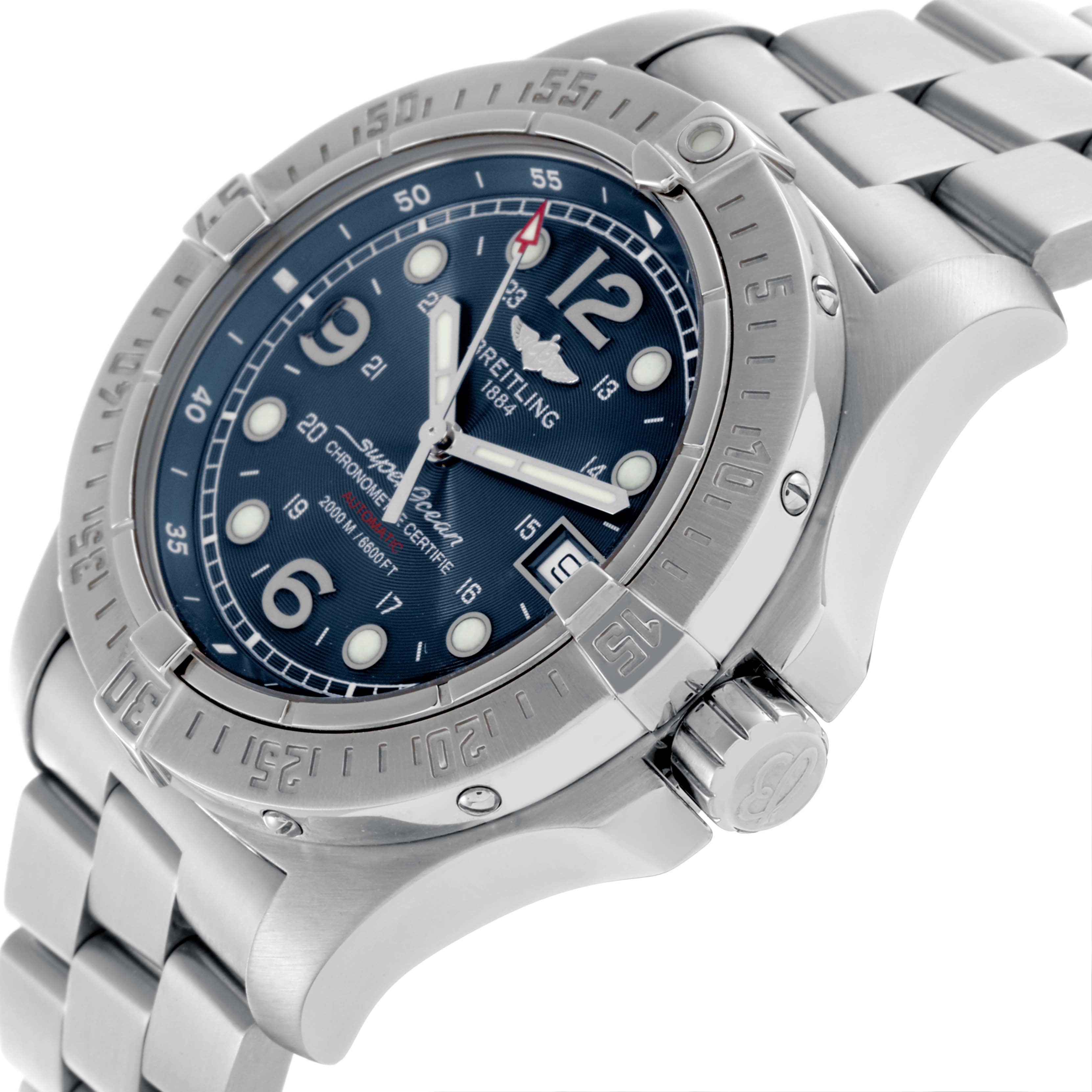The Breitling Superocean A1739010/C666 Men's Stainless Steel Blue Dial A1739010/C666 Men's Stainless Steel Blue Dial watch is shown at an angled side view, highlighting the bezel, crown, and part of the bracelet.