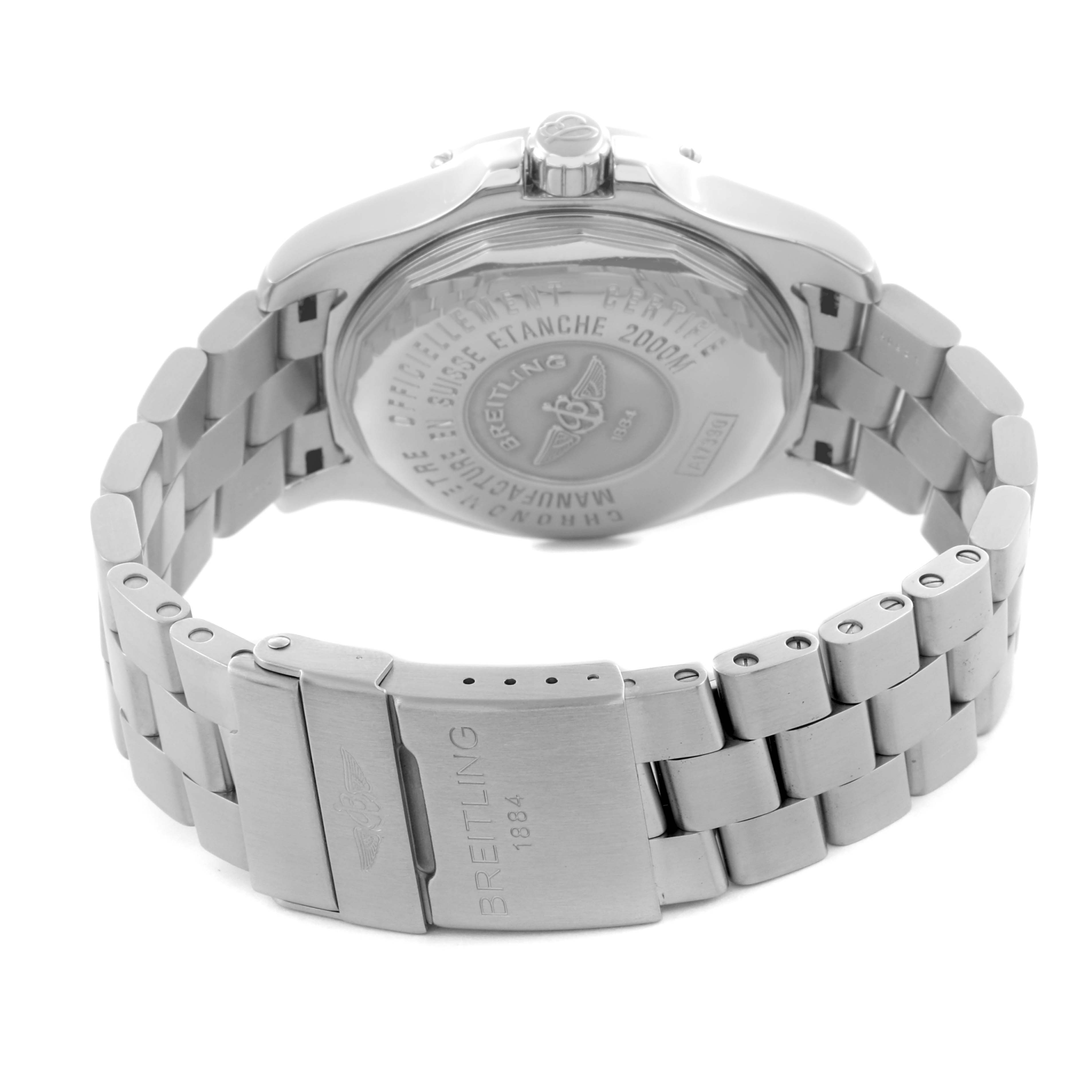 The image shows the back view of a Breitling Superocean A1739010/C666 Men's Stainless Steel Blue Dial A1739010/C666 Men's Stainless Steel Blue Dial watch, highlighting the case back and stainless steel bracelet with clasp.