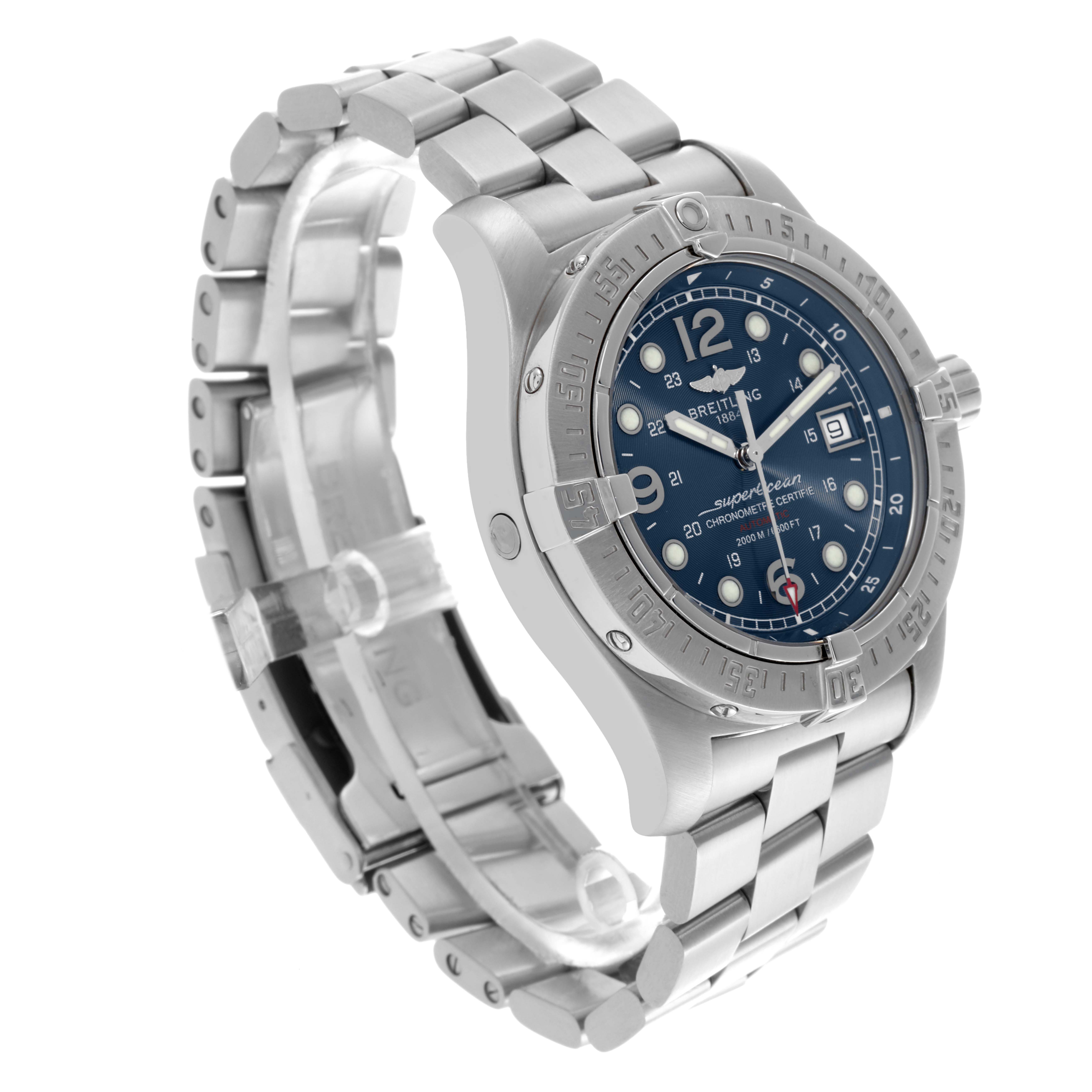 The Breitling Superocean A1739010/C666 Men's Stainless Steel Blue Dial A1739010/C666 Men's Stainless Steel Blue Dial watch is shown at a 3/4 angle, displaying its face, bezel, and stainless steel bracelet prominently.