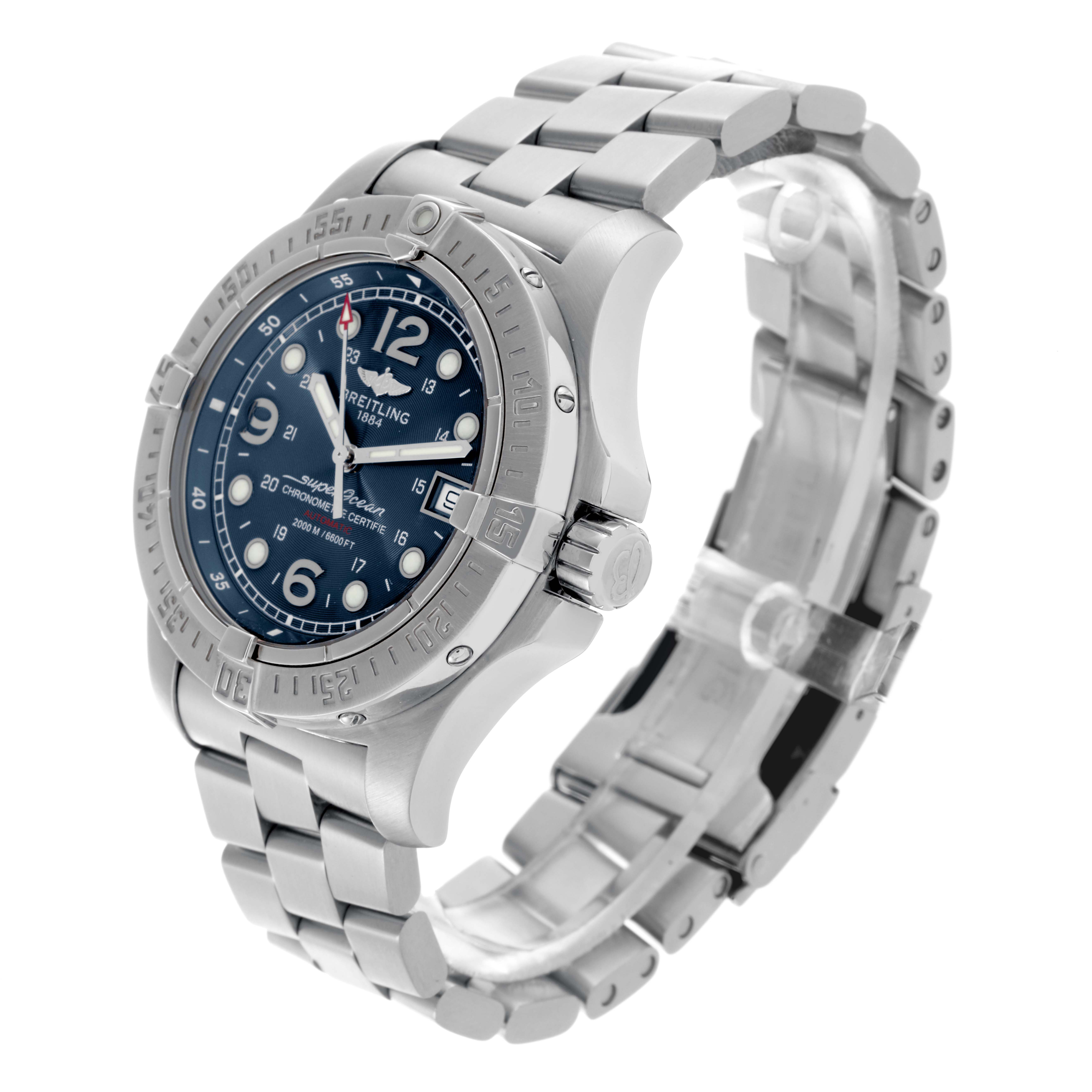 The Breitling Superocean A1739010/C666 Men's Stainless Steel Blue Dial A1739010/C666 Men's Stainless Steel Blue Dial watch is shown at an angled side view, highlighting the bezel, dial, and stainless steel bracelet.