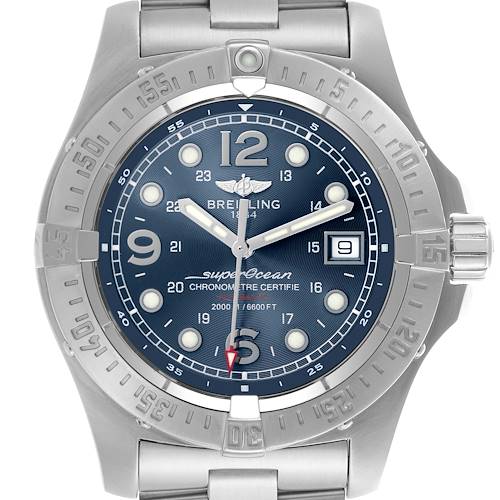 The Breitling Superocean watch is shown from a front angle, highlighting its face, bezel, and crown.