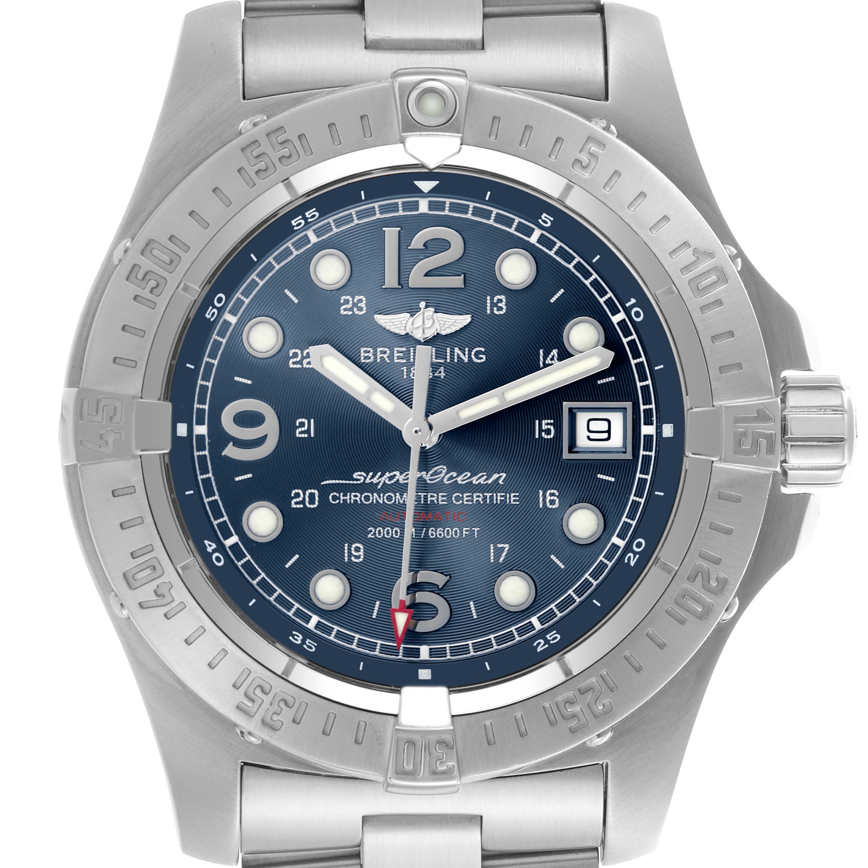 The Breitling Superocean A1739010/C666 Men's Stainless Steel Blue Dial A1739010/C666 Men's Stainless Steel Blue Dial watch is shown from the front, highlighting its dial, bezel, and part of the bracelet.