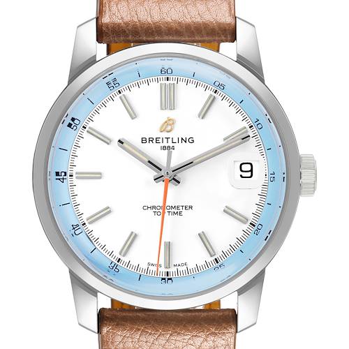 The Breitling Premier AB3113 Men's Stainless Steel White Dial model is shown from the front, highlighting the dial, hands, date window, and portion of the leather strap.