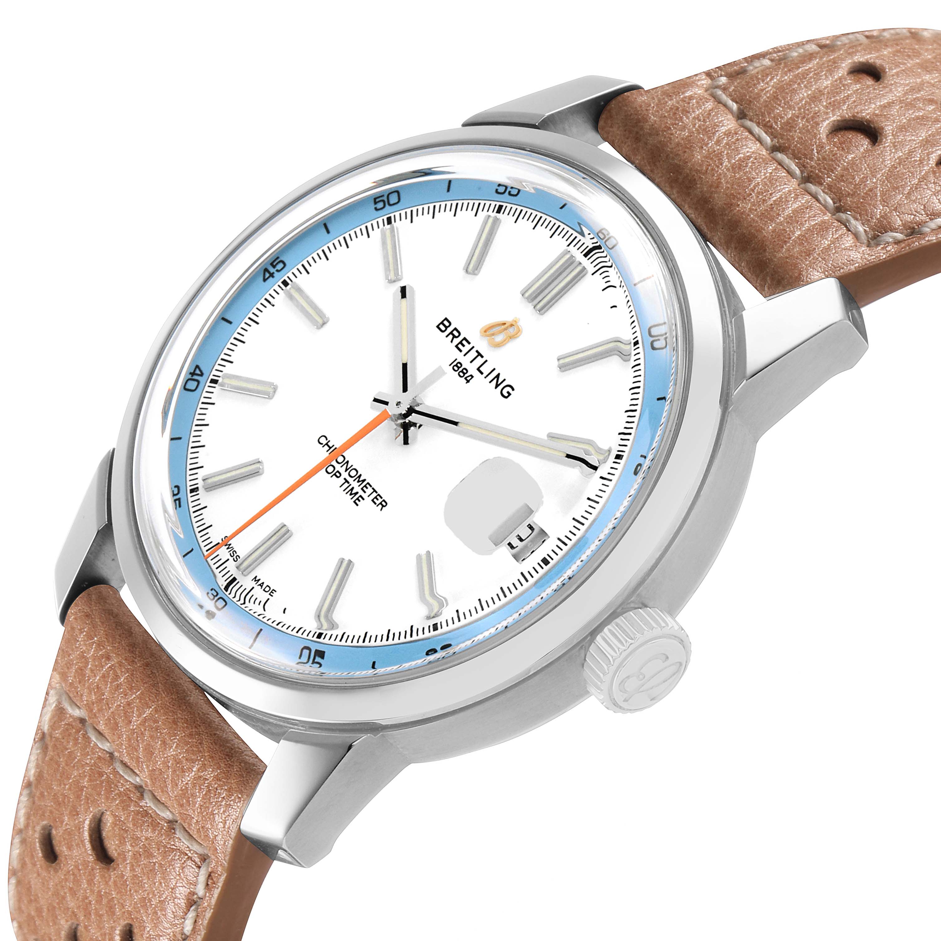 The Breitling Premier AB3113 Men's Stainless Steel White Dial watch is shown at an angled side view, highlighting the dial, bezel, crown, and brown leather strap.