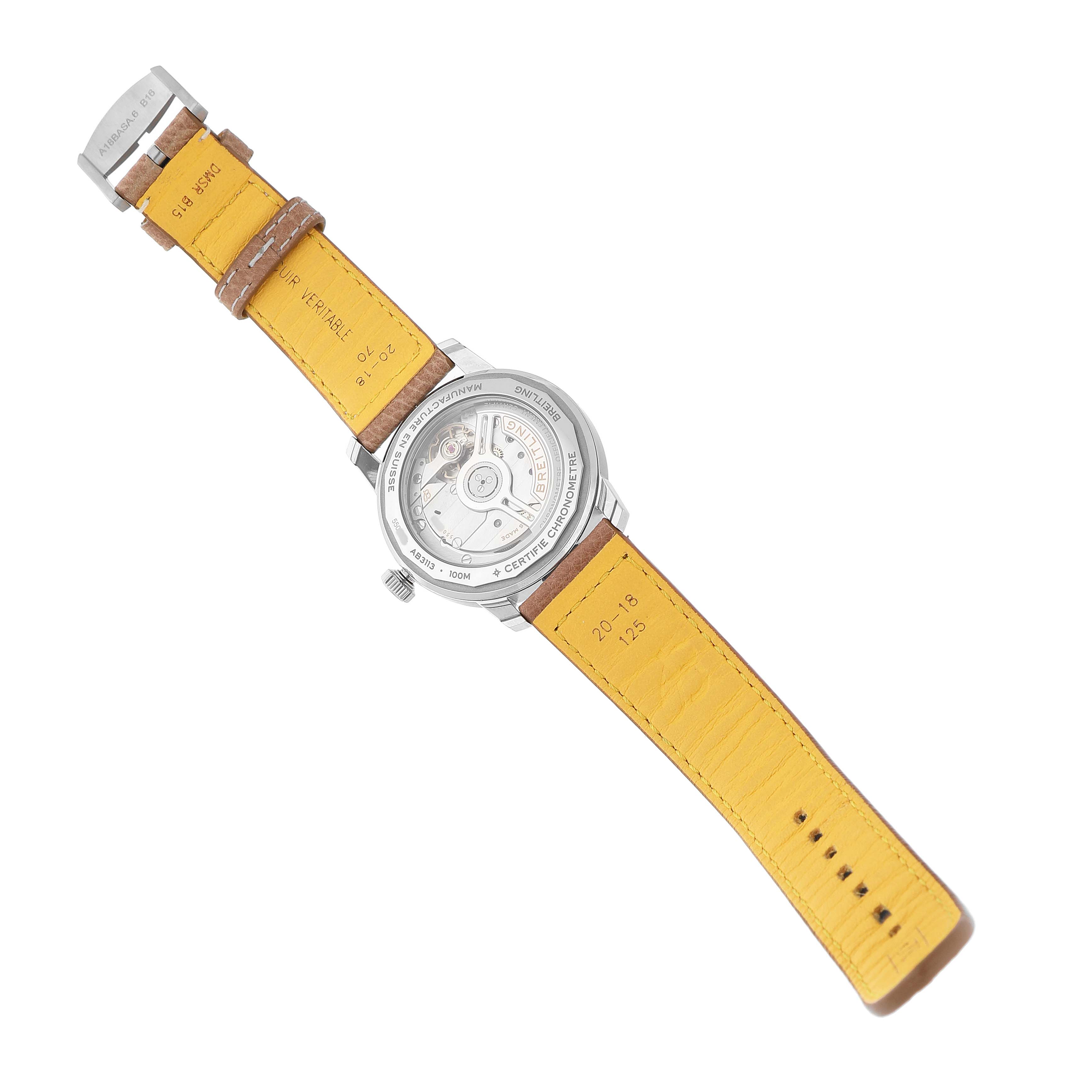 The Breitling Premier AB3113 Men's Stainless Steel White Dial watch is shown from the back, displaying the movement and yellow leather strap.