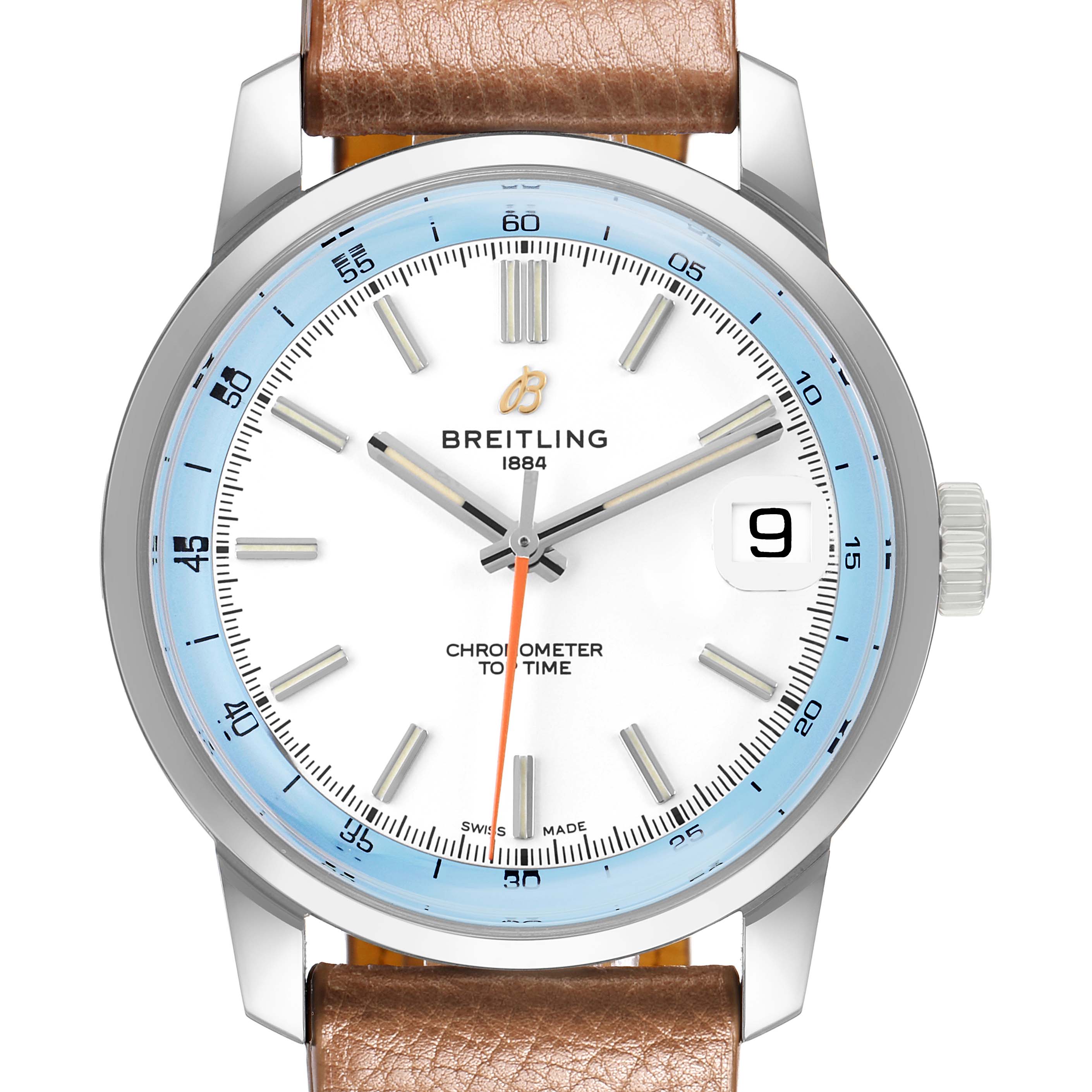 The Breitling Premier AB3113 Men's Stainless Steel White Dial watch is shown from a front angle, displaying the face, hands, and leather strap.
