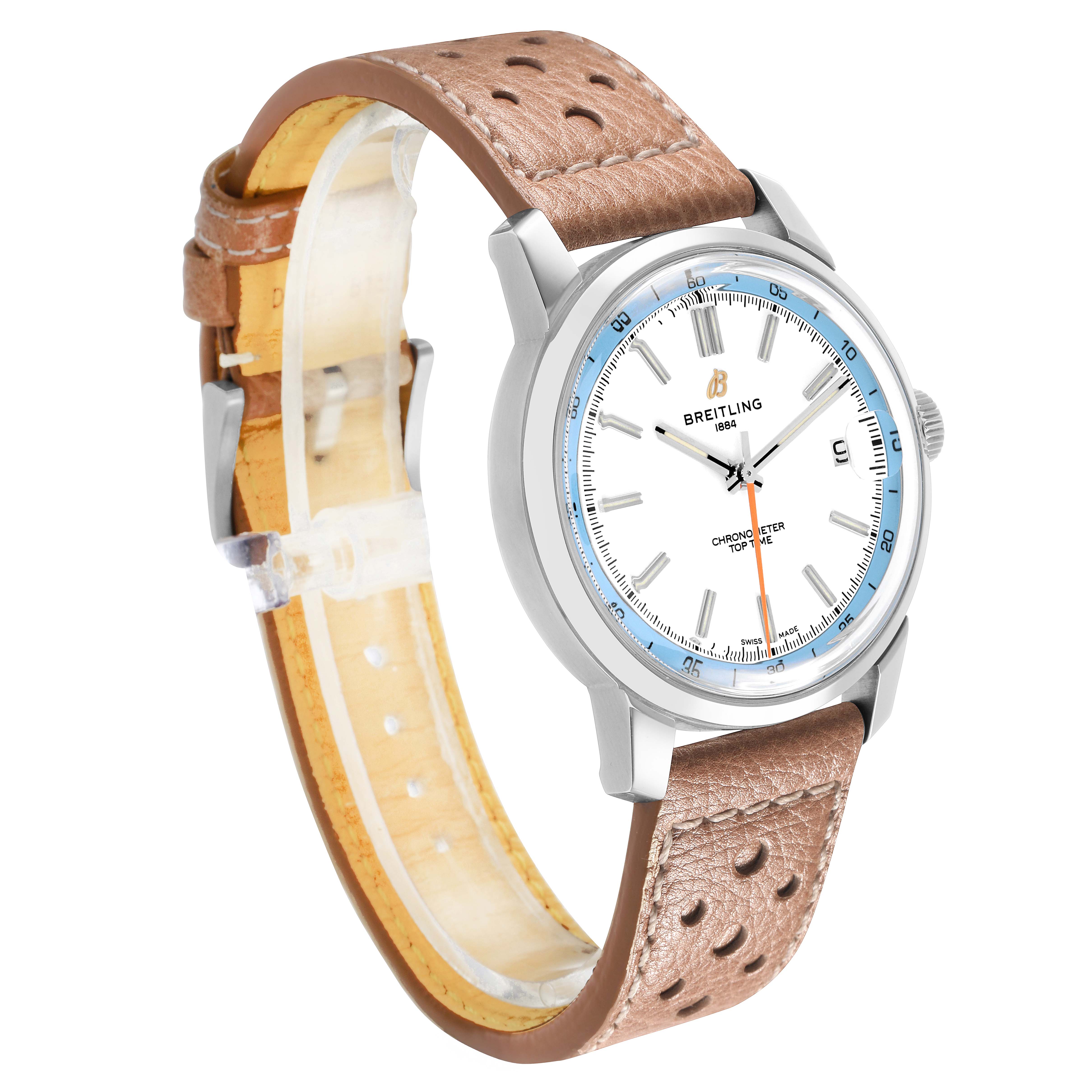 The Breitling Premier AB3113 Men's Stainless Steel White Dial watch is shown at an angled front view, displaying its dial, case, and leather strap.