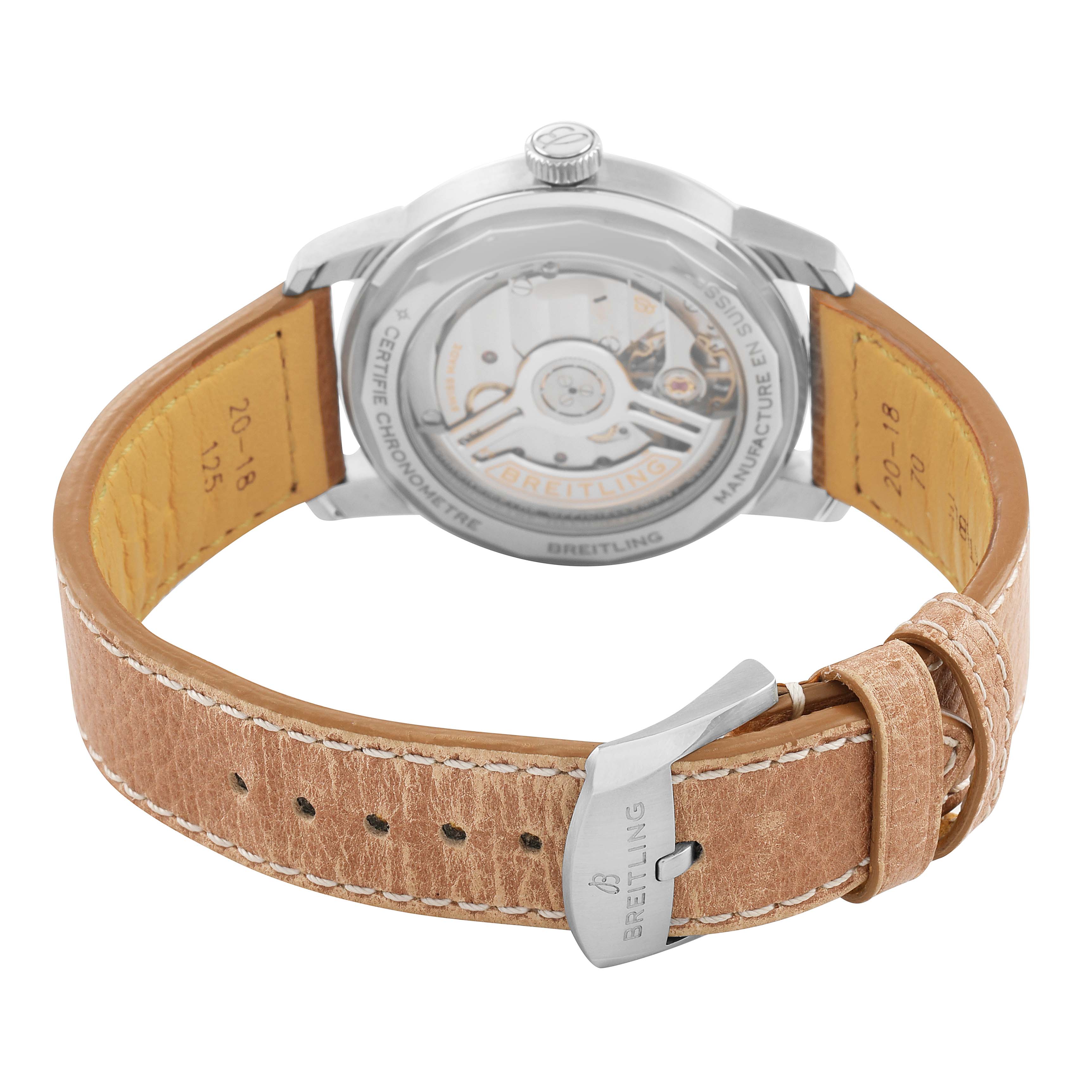 The image shows the back view of the Breitling Premier AB3113 Men's Stainless Steel White Dial watch, highlighting the leather strap and the watch's movement through the transparent case back.