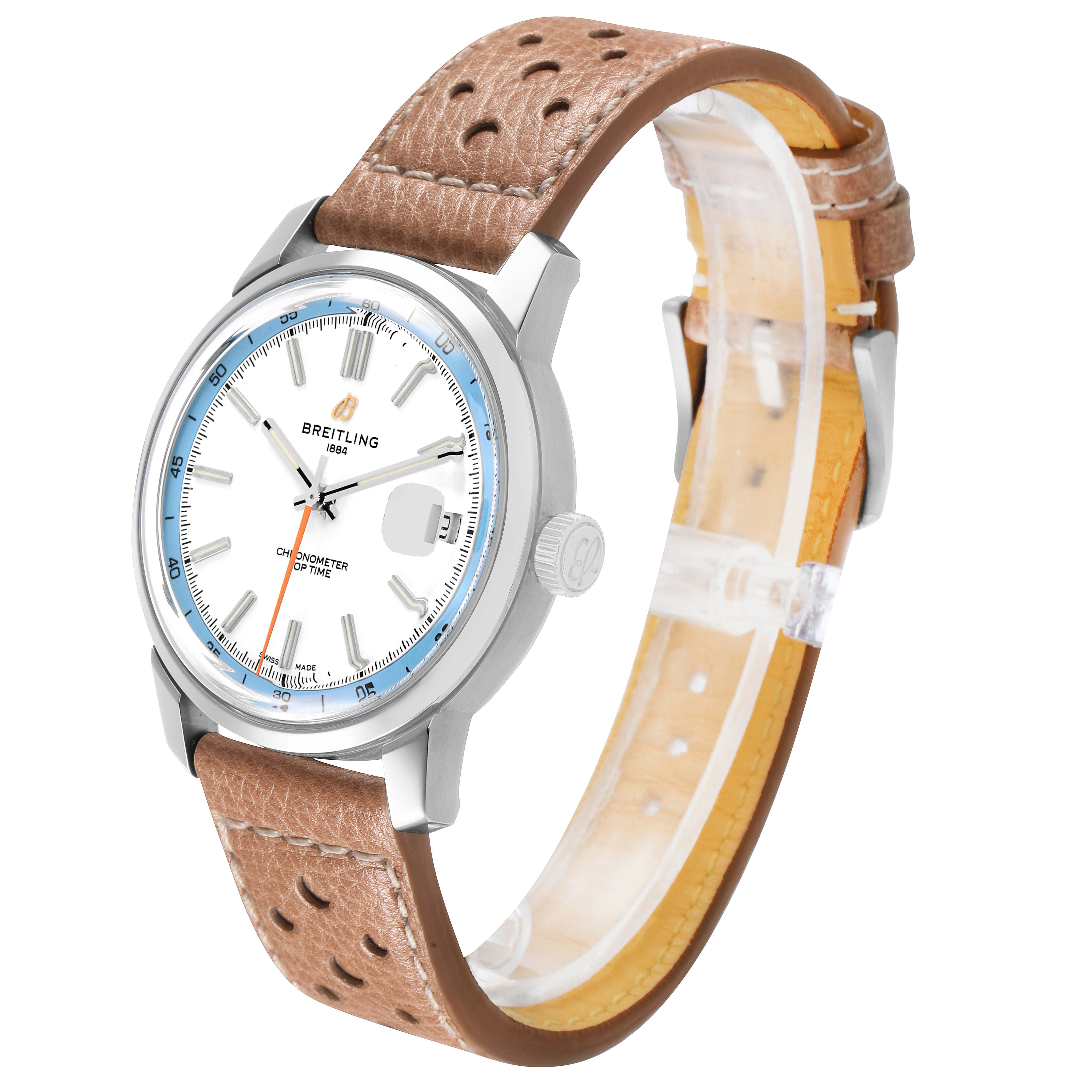 The Breitling Premier AB3113 Men's Stainless Steel White Dial watch is shown at an angled front view, displaying its dial, bezel, crown, and leather strap.