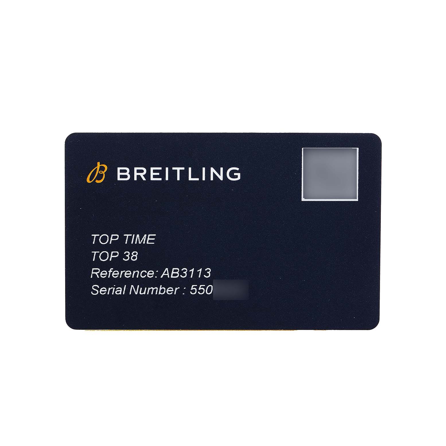 The image shows a Breitling Premier AB3113 Men's Stainless Steel White Dial watch warranty card displaying the model, reference, and serial number.