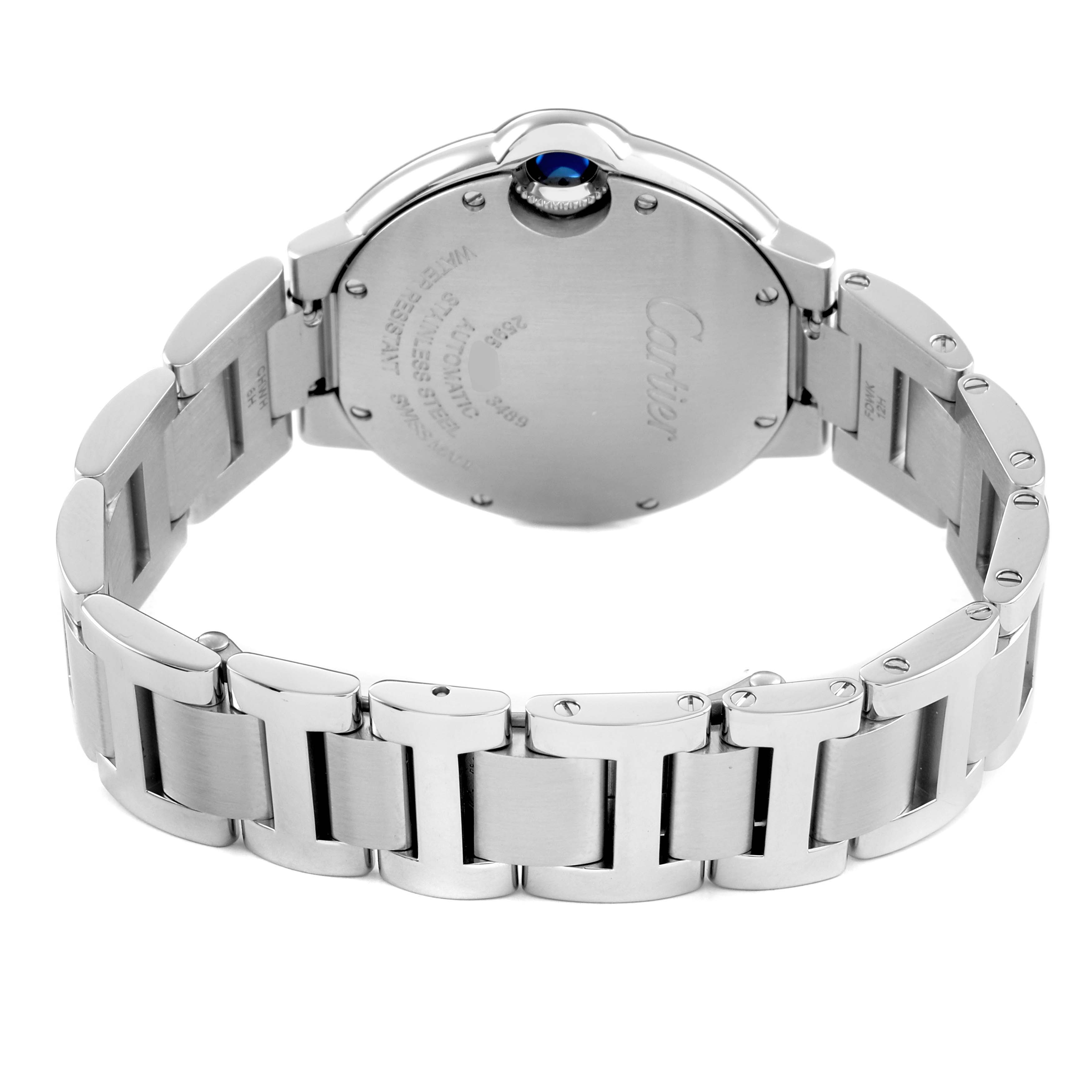 The image shows the back view of a Cartier Ballon Bleu WE902074 Women's Stainless Steel Silver Dial watch, highlighting the case back and metal bracelet.