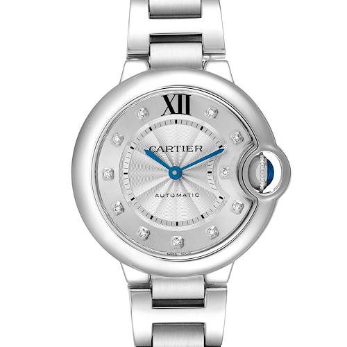 The Cartier Ballon Bleu WE902074 Women's Stainless Steel Silver Dial watch is shown from a front angle, highlighting the face, crown, and part of the bracelet.