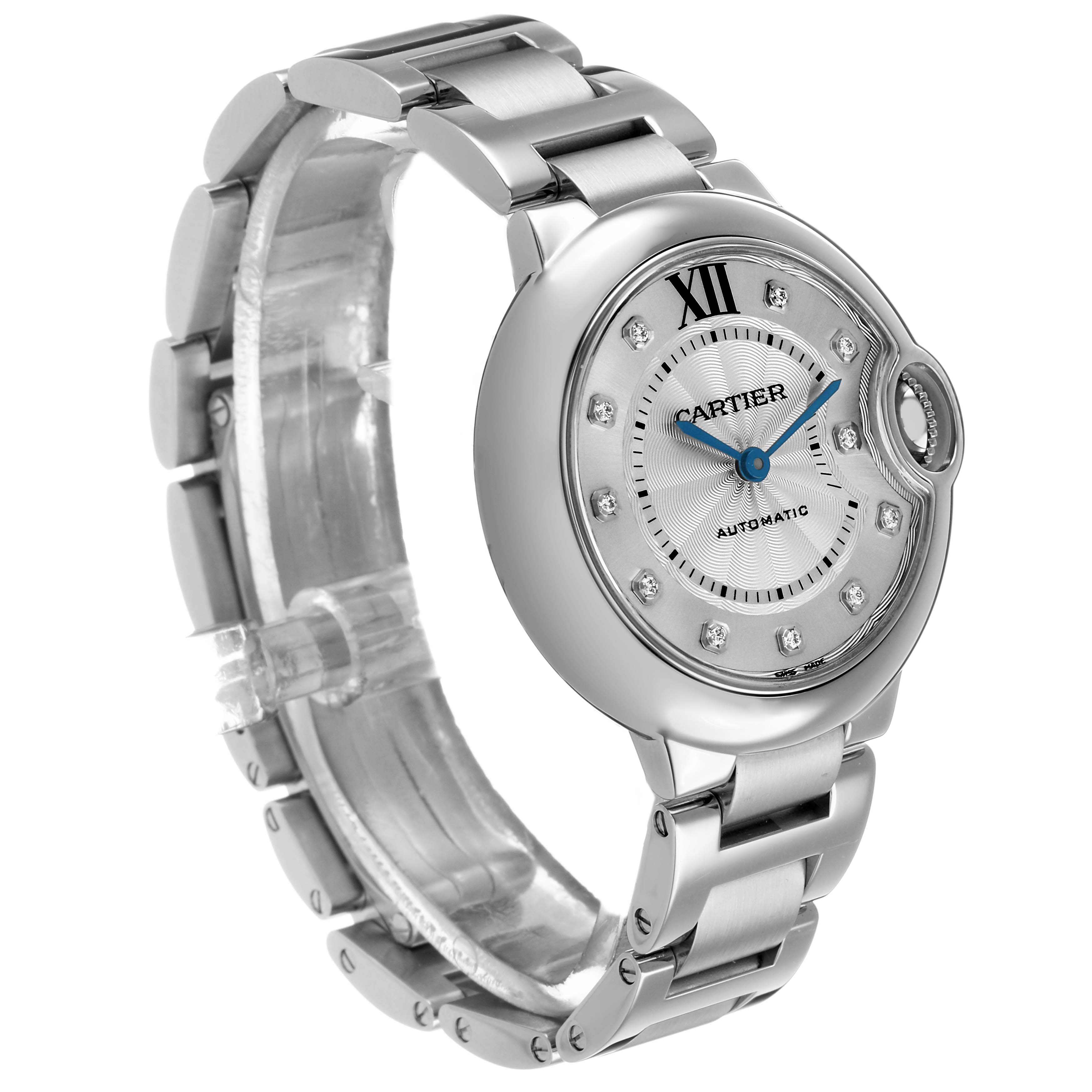 The Cartier Ballon Bleu WE902074 Women's Stainless Steel Silver Dial watch is shown from a side angle, highlighting the stainless steel bracelet and round dial with blue hands.