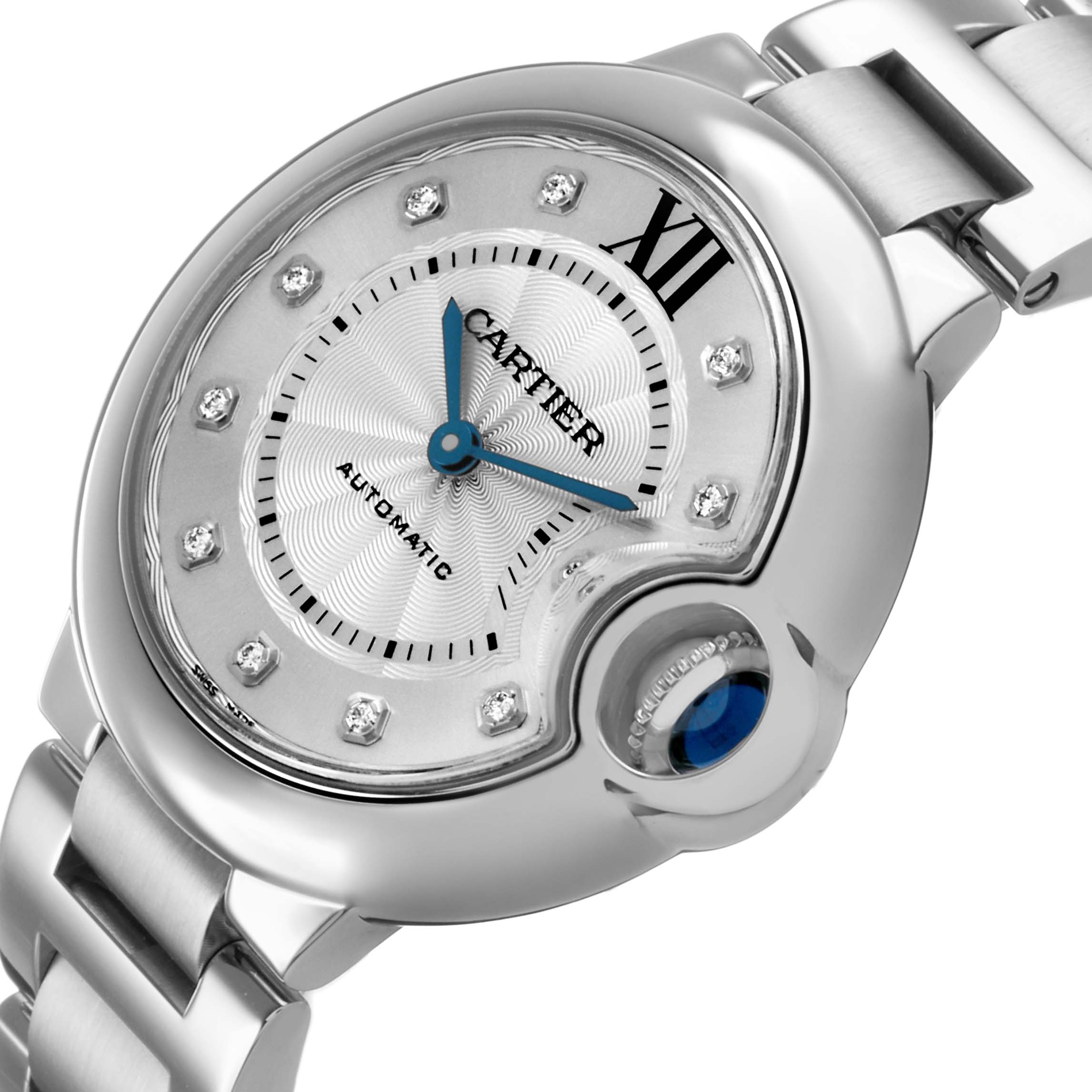 This image shows a close-up, angled view of the Cartier Ballon Bleu WE902074 Women's Stainless Steel Silver Dial watch, highlighting the dial, crown, and bracelet.