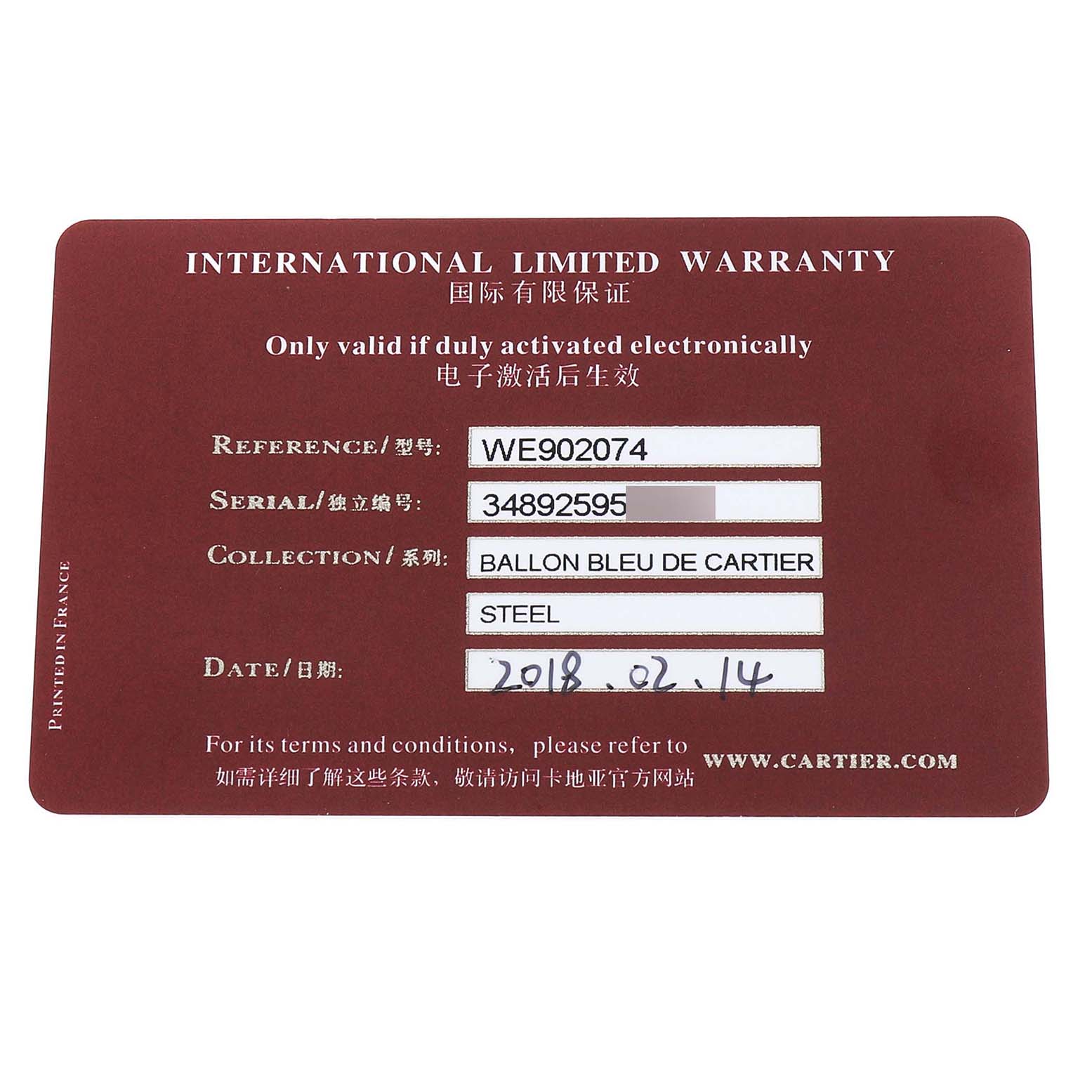 The image shows the warranty card for a Cartier Ballon Bleu WE902074 Women's Stainless Steel Silver Dial watch, featuring details like reference and serial numbers.