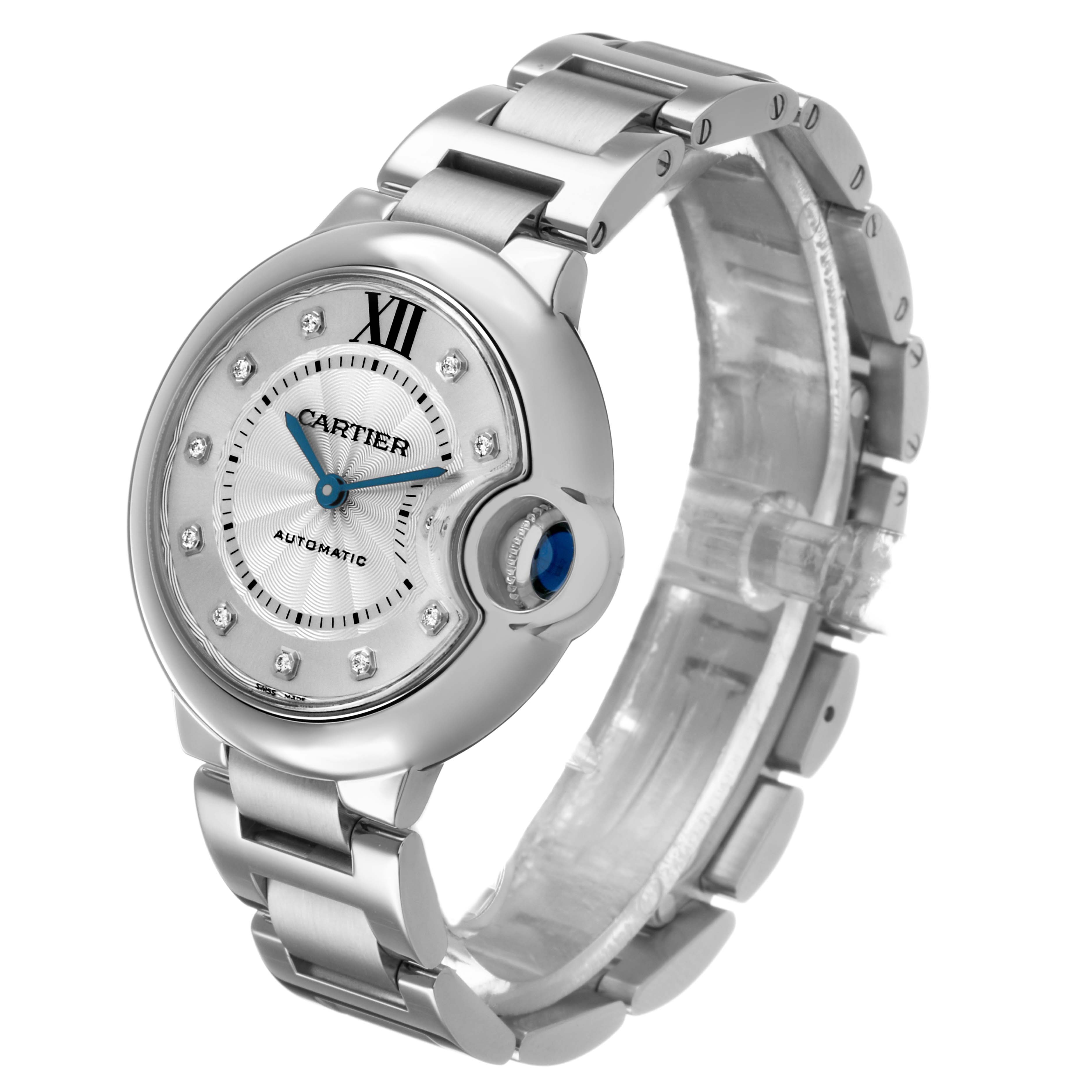 The Cartier Ballon Bleu WE902074 Women's Stainless Steel Silver Dial watch is shown at a three-quarter angle, highlighting its face, crown, and stainless steel bracelet.