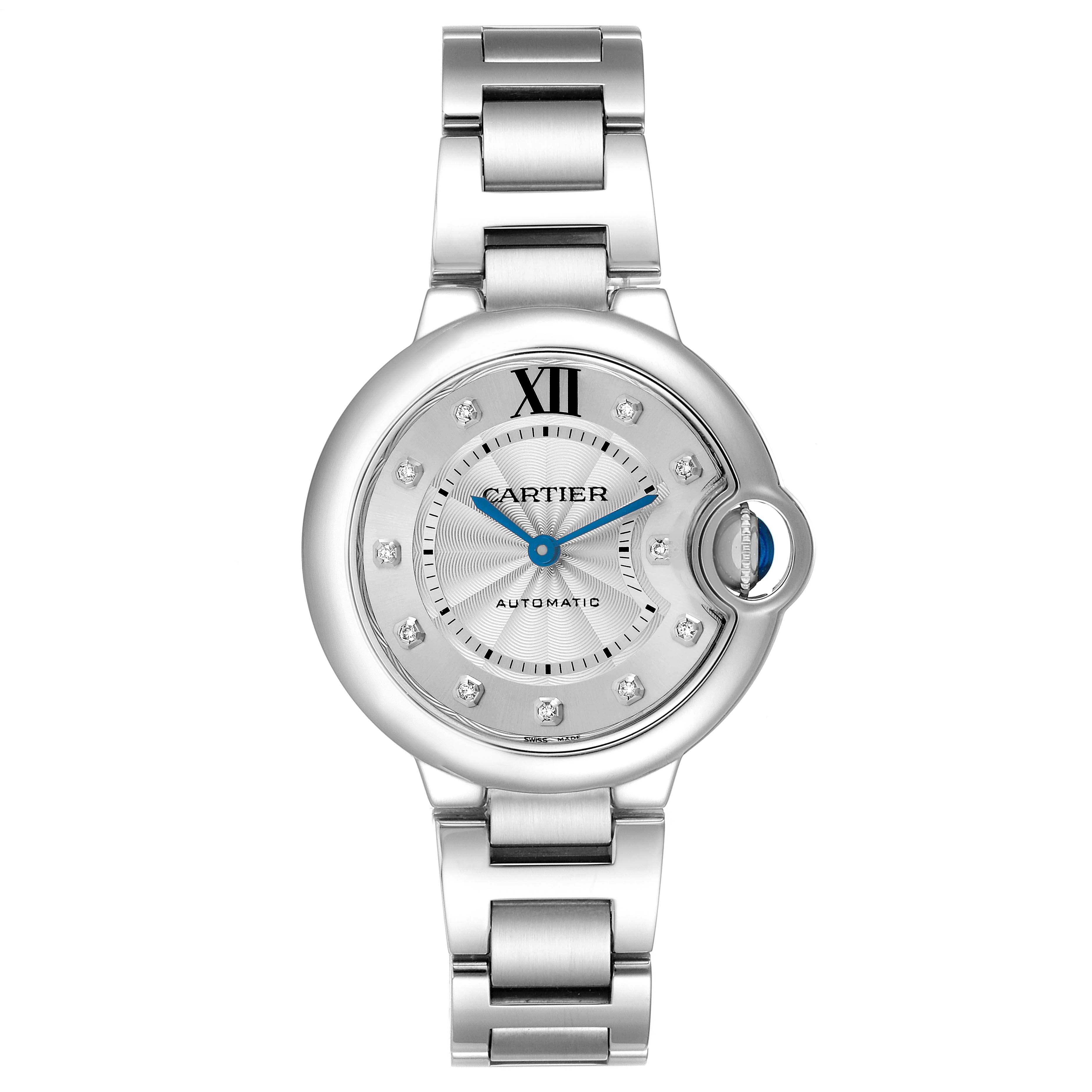 The Cartier Ballon Bleu WE902074 Women's Stainless Steel Silver Dial watch is shown from a top-down angle, displaying the face, crown, and bracelet.