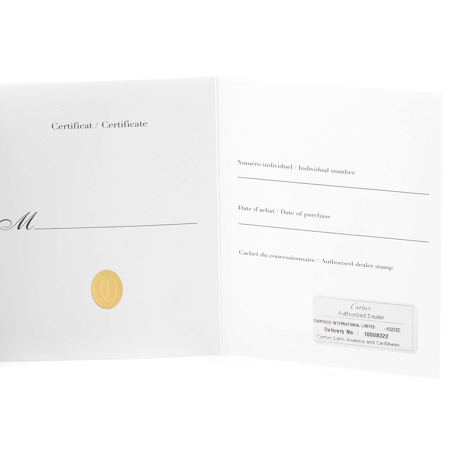 This image shows the warranty certificate booklet for the Calibre de Cartier model by Cartier.
