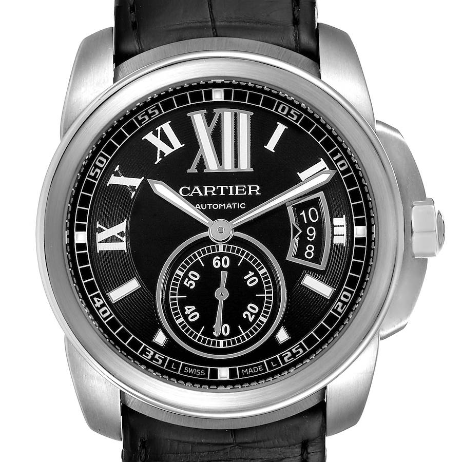 Cartier Calibre Black Dial Steel Mens Watch W7100041 Box Papers SwissWatchExpo