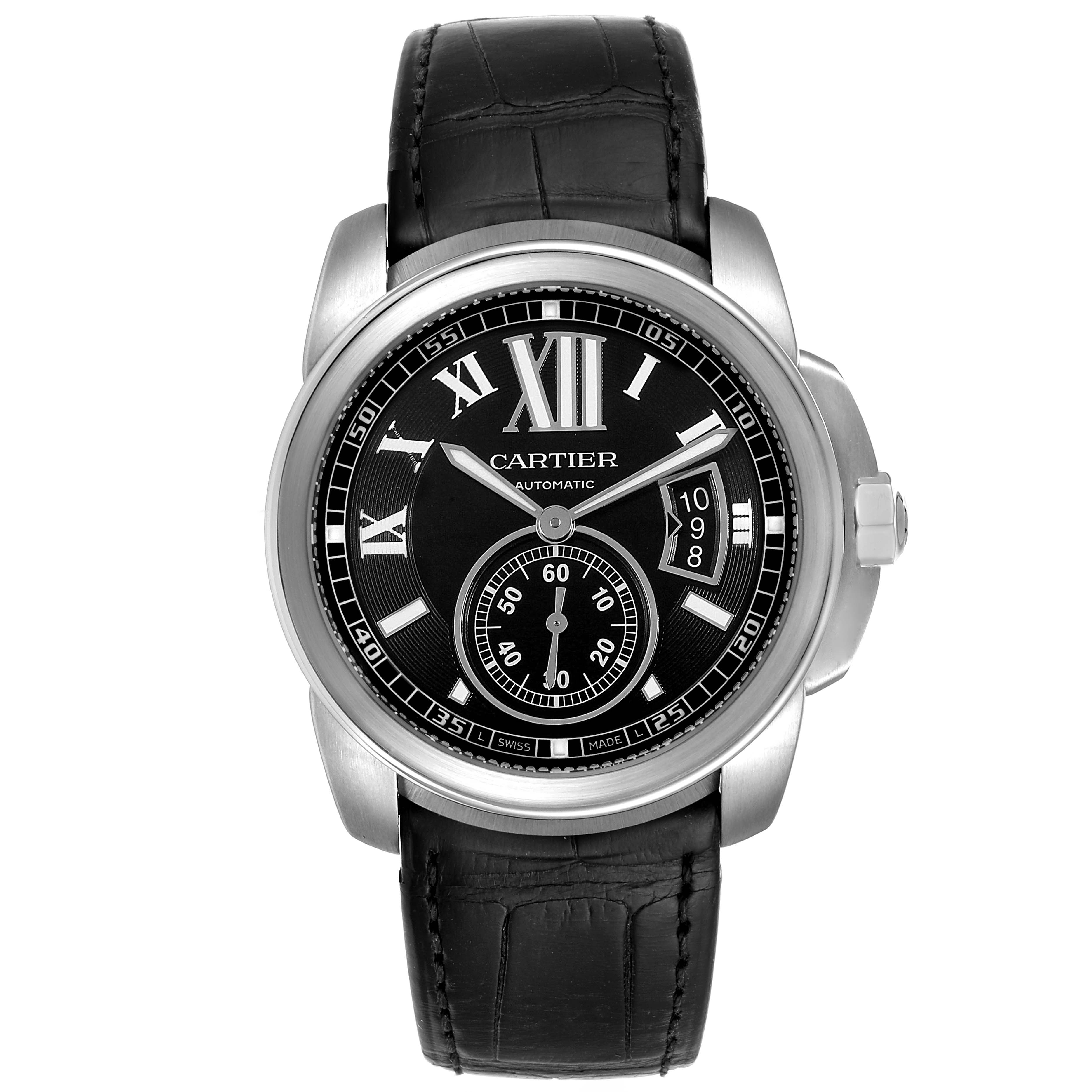 This is a front view of a Calibre de Cartier watch by Cartier, showing the black dial, Roman numerals, and black leather strap.