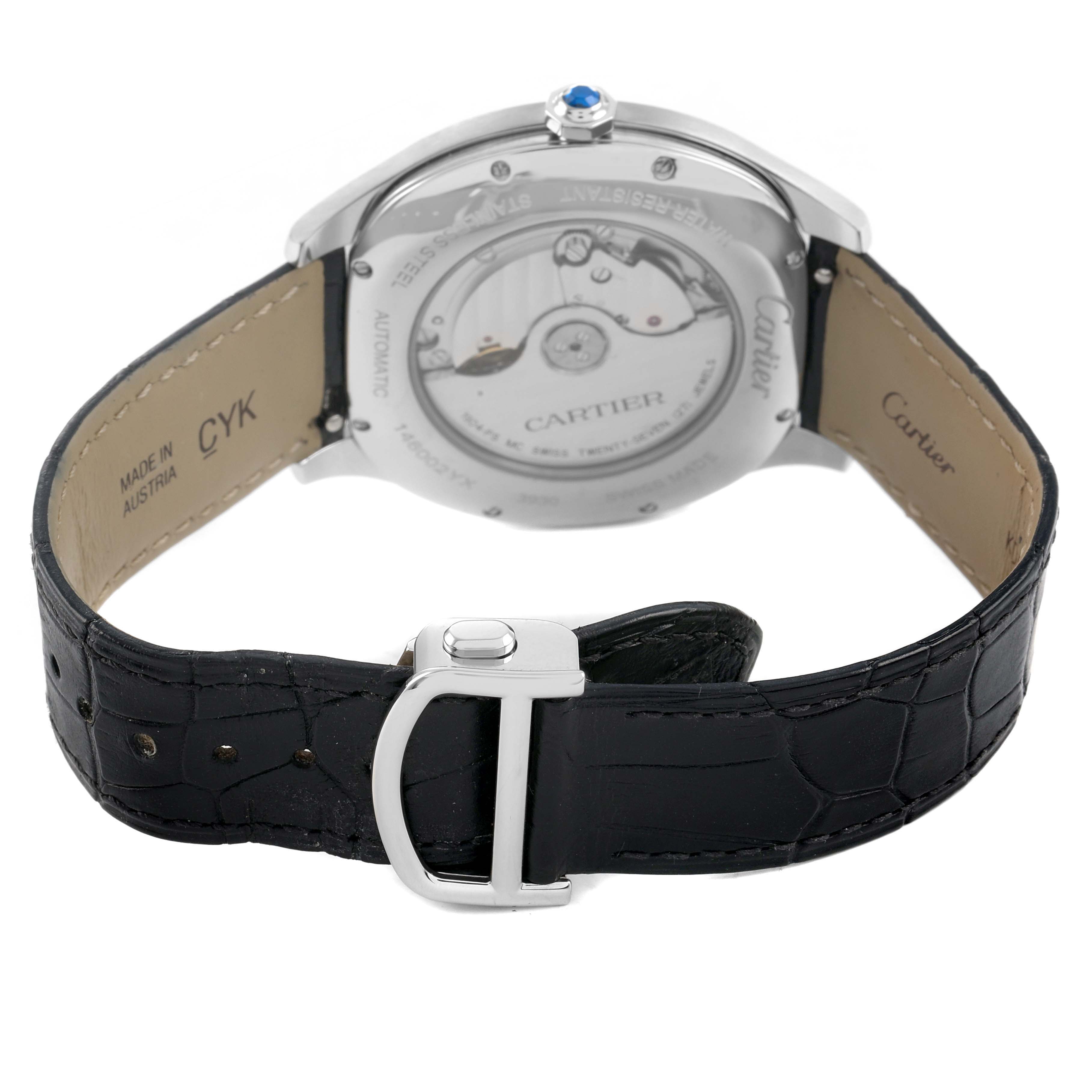 The Drive de Cartier watch is shown from the back, highlighting the movement and part of the strap with a visible buckle.