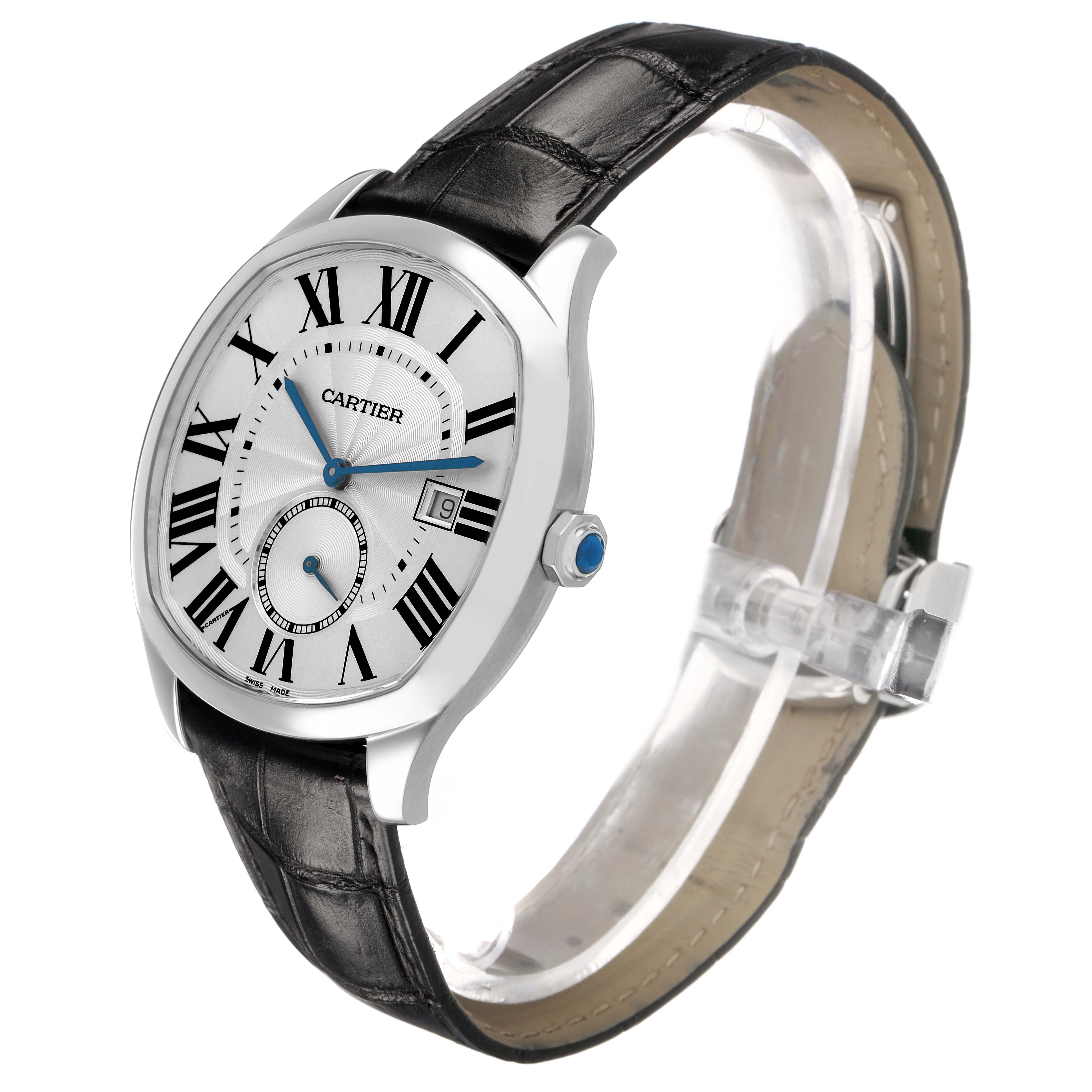 The Drive de Cartier watch is shown at a three-quarter angle, highlighting the face, crown, and leather strap.
