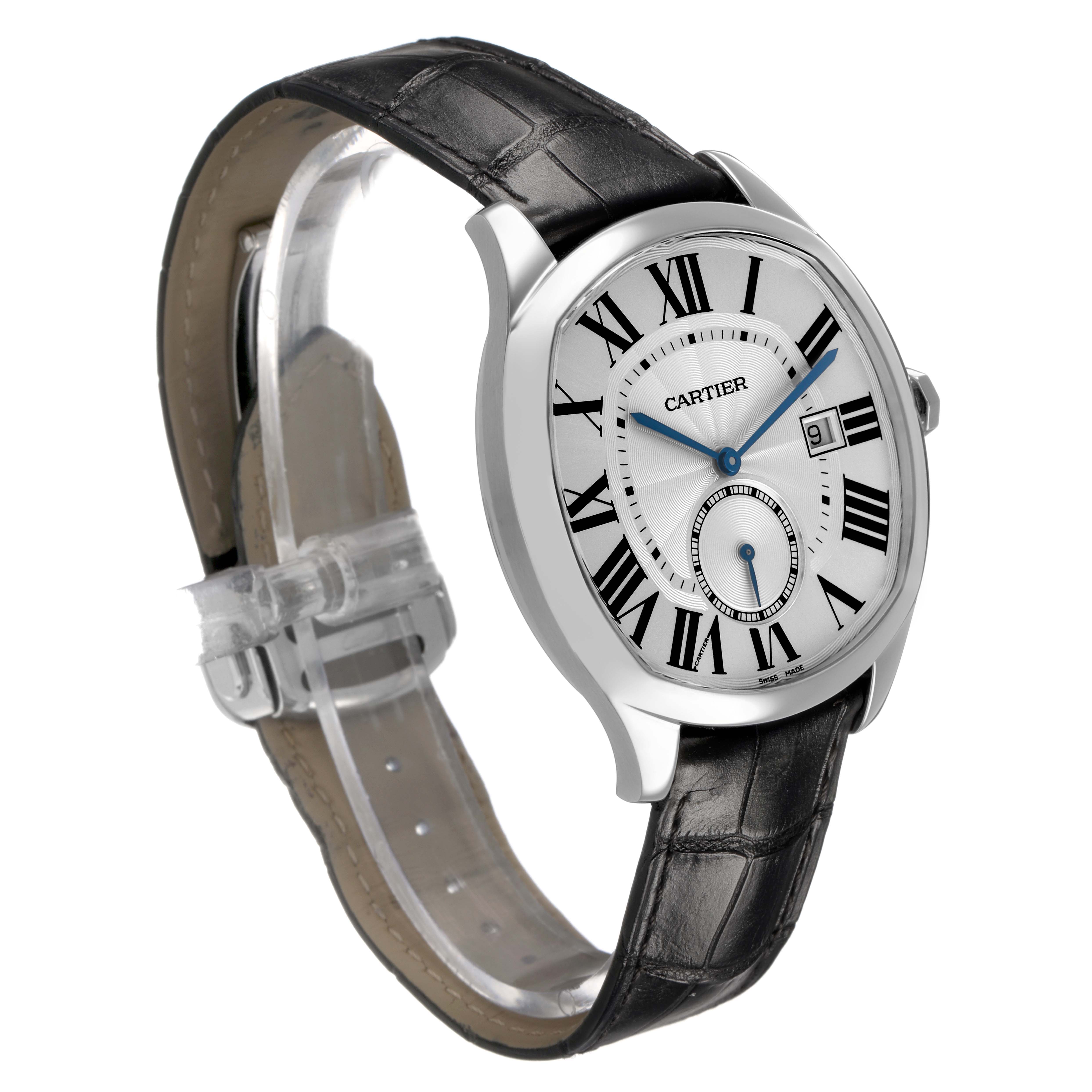The Drive de Cartier watch is shown at a three-quarter angle, displaying the face, Roman numerals, hands, and leather strap.