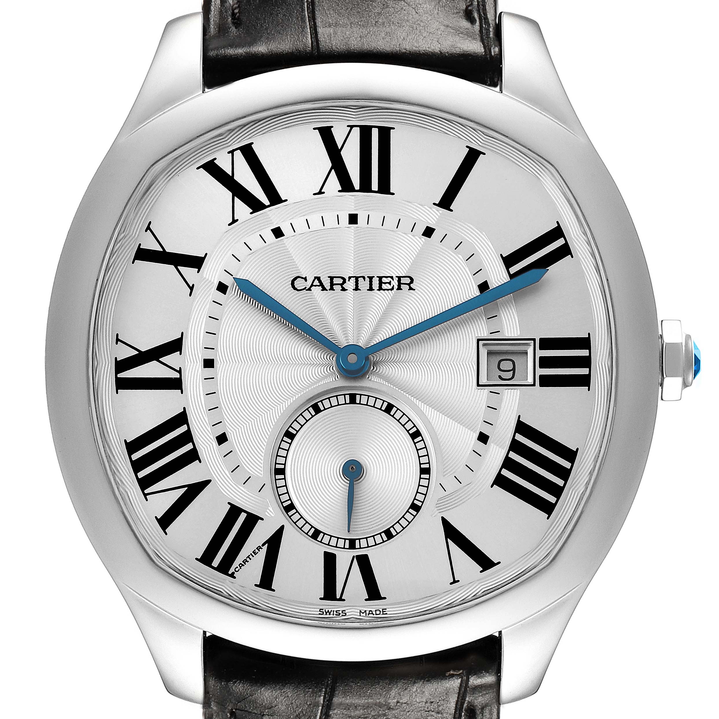 The image shows a frontal view of the Drive de Cartier watch by Cartier, highlighting its dial, Roman numerals, and blue hands.
