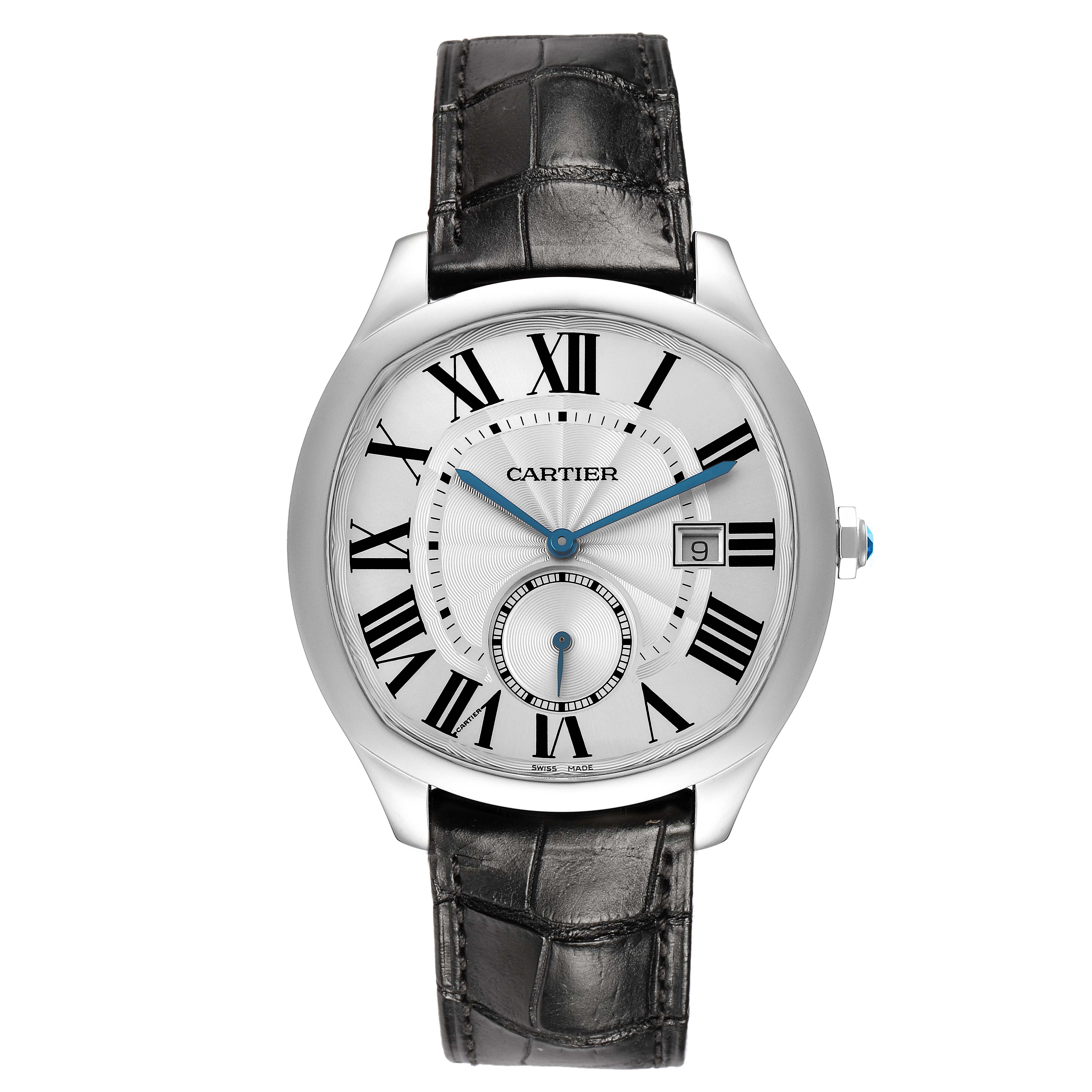 The Drive de Cartier watch is shown from the front, highlighting the dial, Roman numerals, and black leather strap.