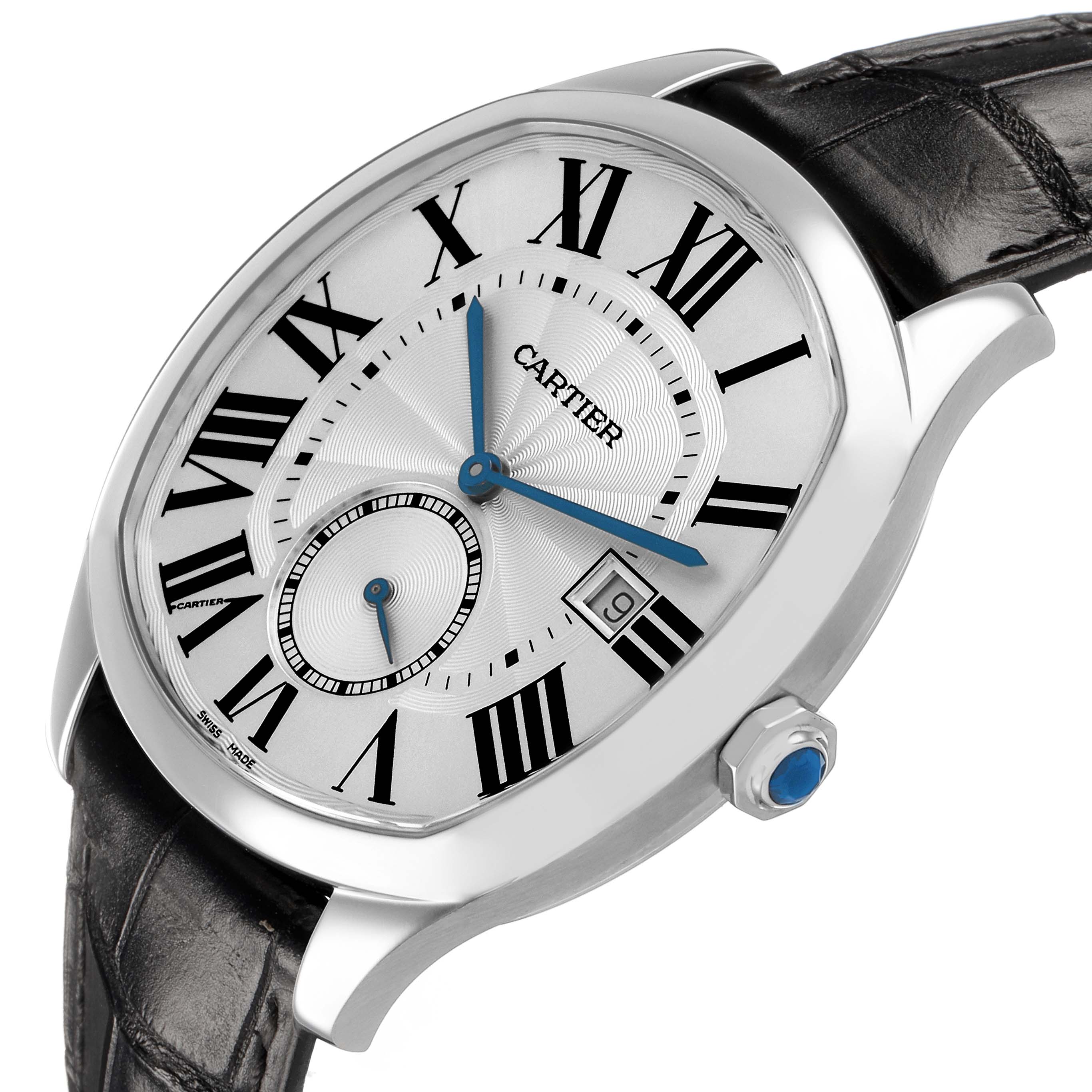 The Drive de Cartier watch is shown at a slight angle, highlighting its dial, blue hands, date window, and leather strap.