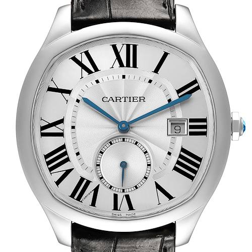 The Drive de Cartier watch is shown from the front, highlighting its Roman numerals, blue hands, sub-dial, and date window.