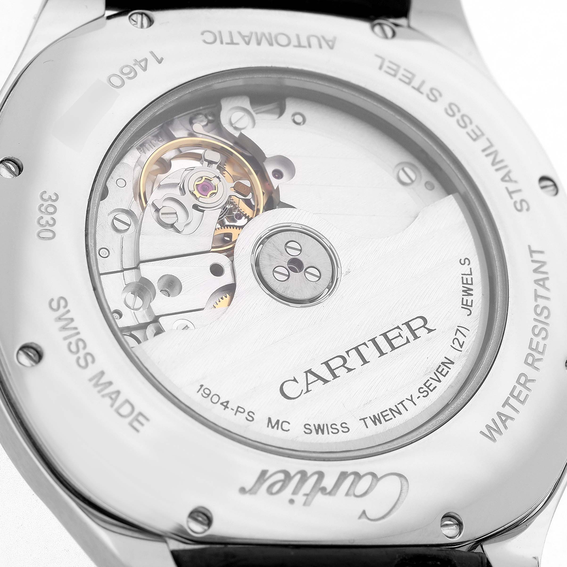 The image shows the back of a Drive de Cartier watch, highlighting its movement and engraved details.