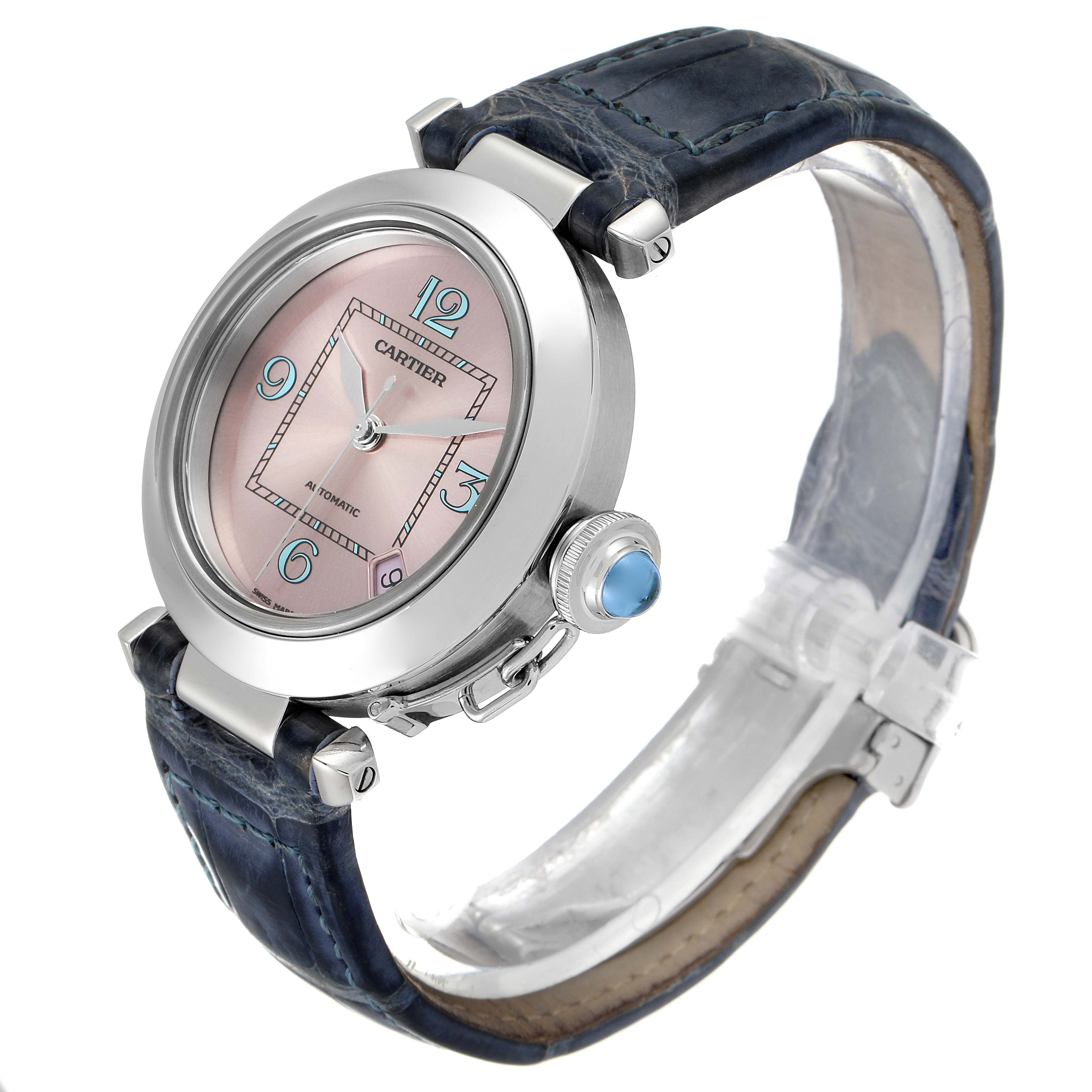 This image shows a side angle of the Cartier Pasha W3108199 Women's Stainless Steel Pink Dial W3108199 Women's Stainless Steel Pink Dial watch, highlighting the dial, crown, and strap.