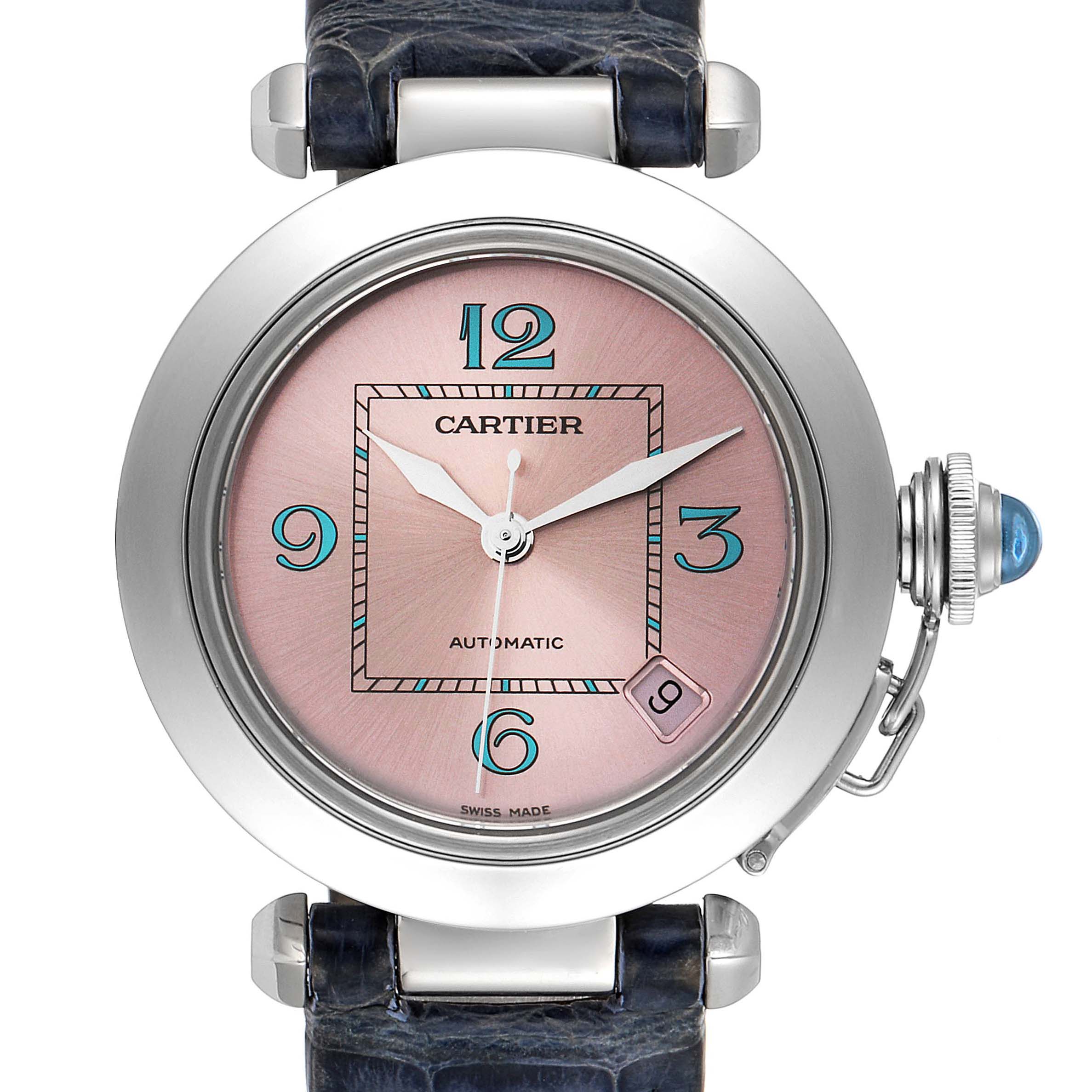 This is a full frontal view of a Cartier Pasha W3108199 Women's Stainless Steel Pink Dial W3108199 Women's Stainless Steel Pink Dial watch, showing the watch face, crown, and part of the strap.