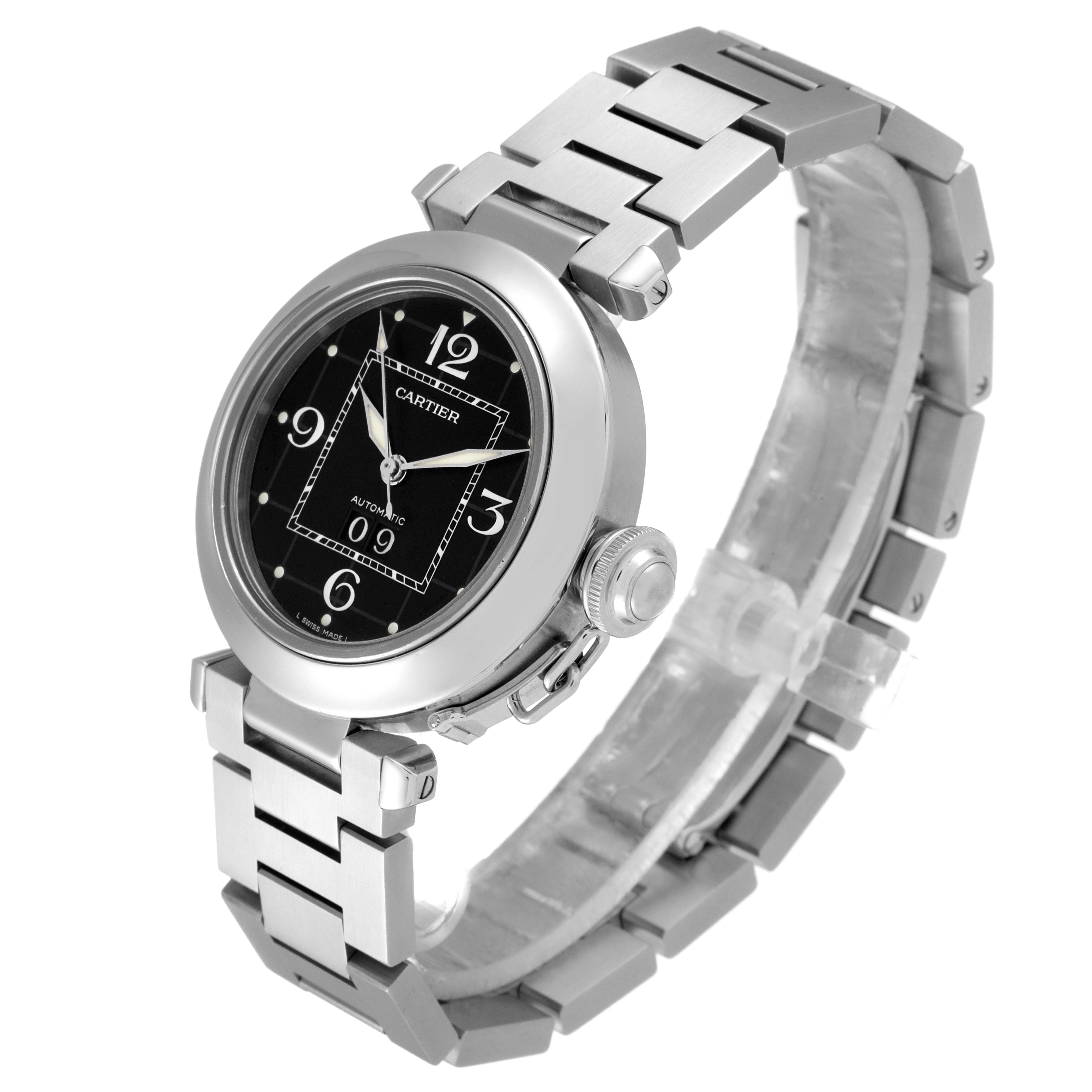 This image shows a Cartier Pasha W31053M7 Men's Stainless Steel Black Dial W31053M7 Men's Stainless Steel Black Dial watch at a 3/4 angle, highlighting its round face, silver bracelet, and crown.