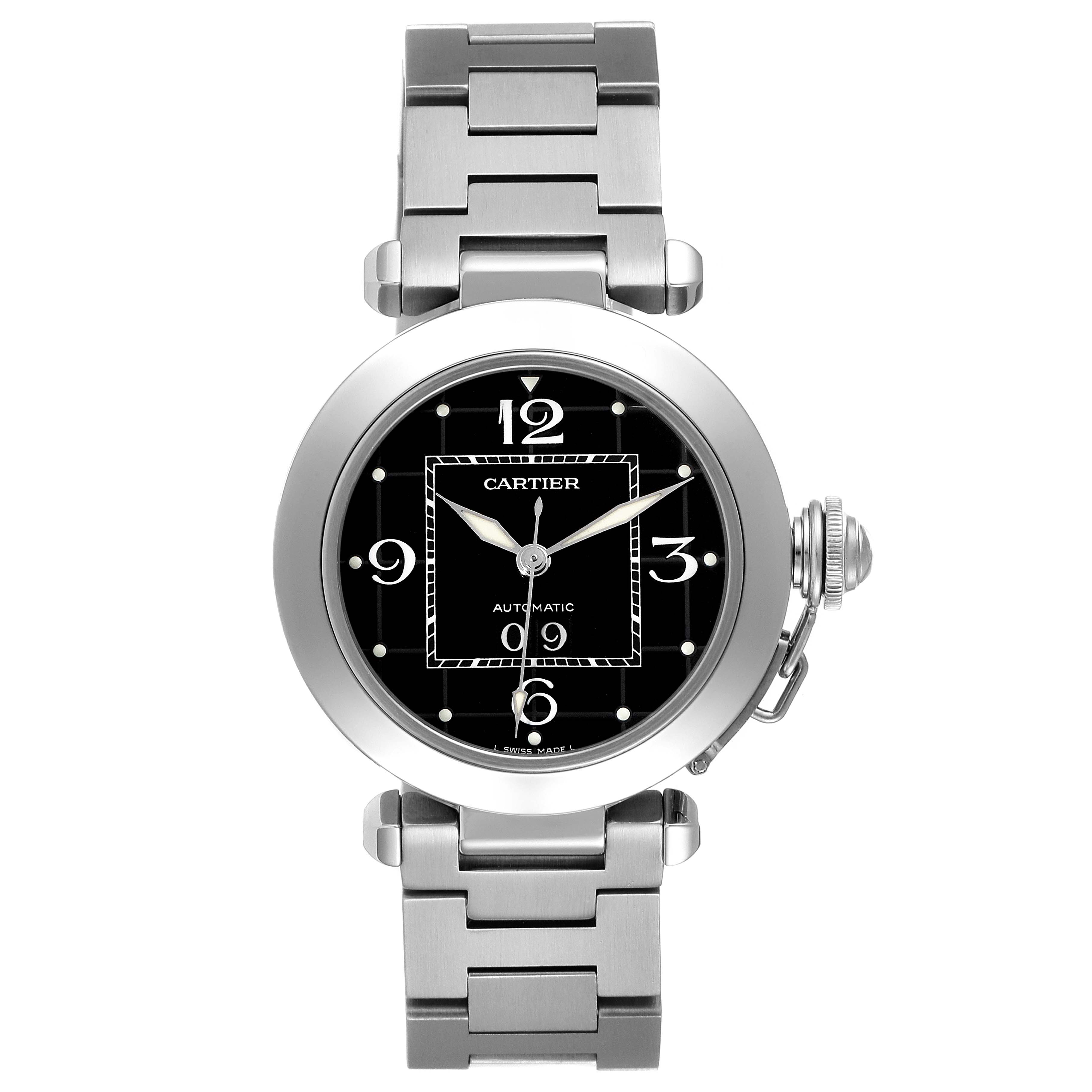 This image shows a front view of the Cartier Pasha W31053M7 Men's Stainless Steel Black Dial W31053M7 Men's Stainless Steel Black Dial watch, highlighting its bracelet, black dial, and bezel.