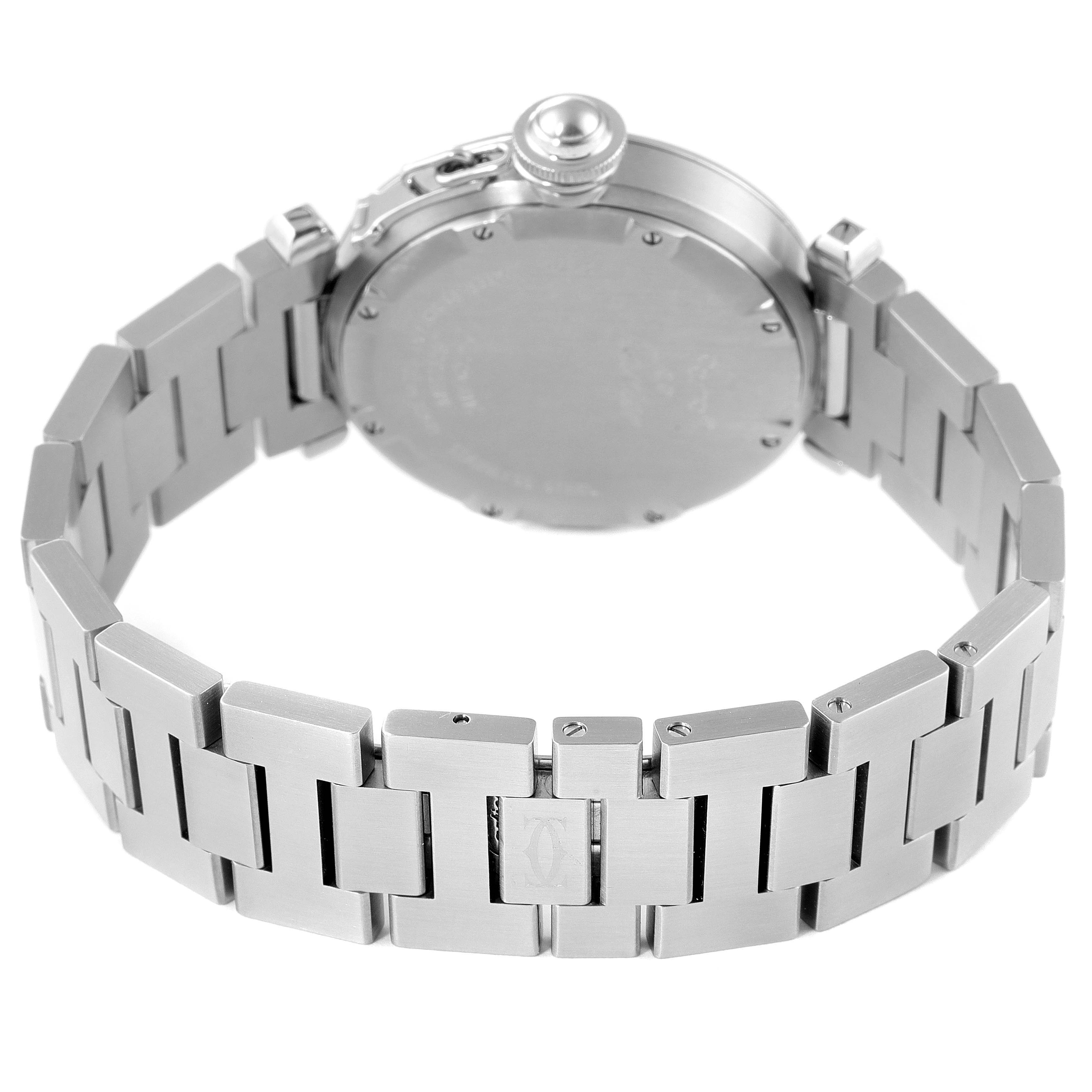 The image shows the back case and bracelet of a Cartier Pasha W31053M7 Men's Stainless Steel Black Dial W31053M7 Men's Stainless Steel Black Dial model watch from a rear angle.