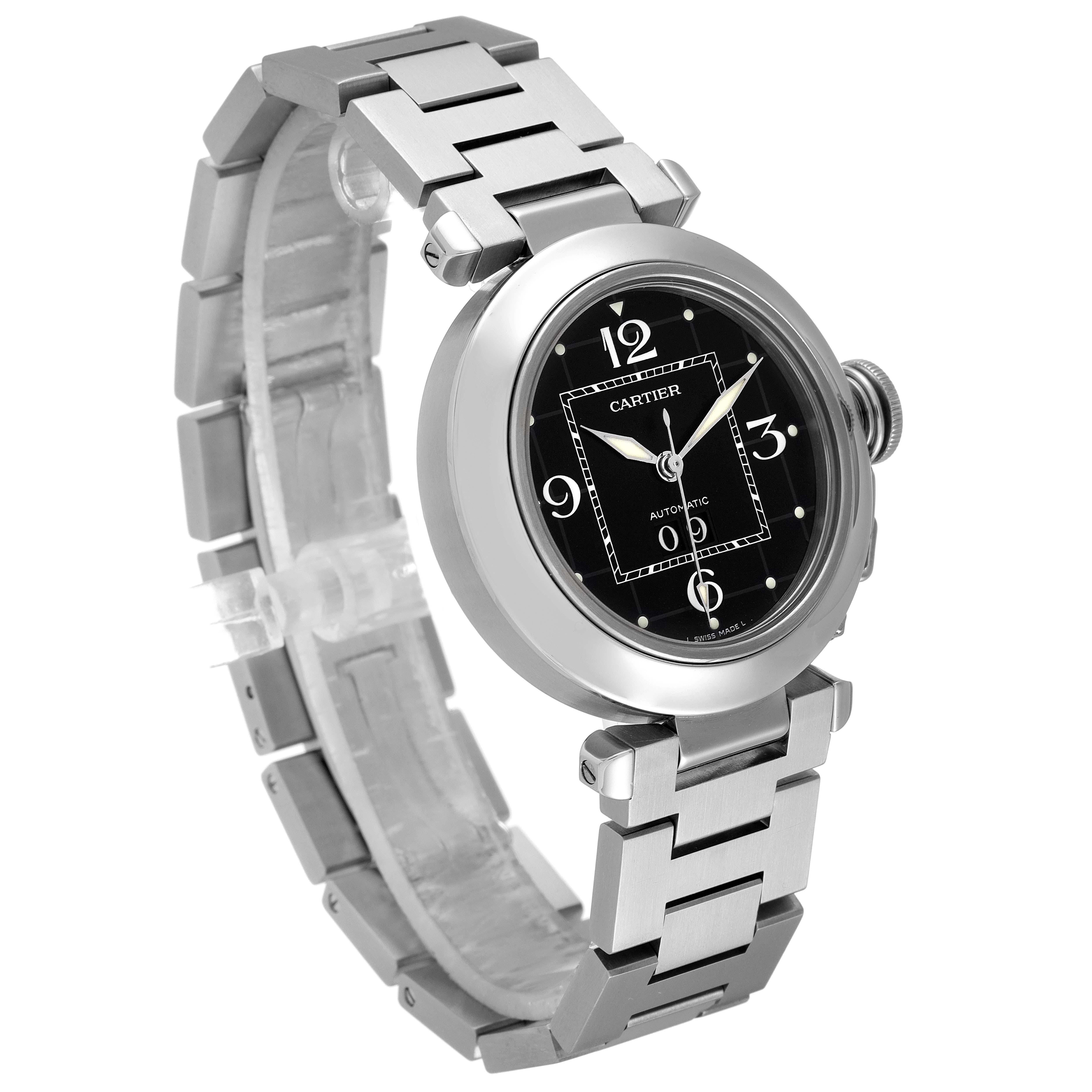 This image shows a side-angle view of the Cartier Pasha W31053M7 Men's Stainless Steel Black Dial W31053M7 Men's Stainless Steel Black Dial watch, highlighting the watch face and metal bracelet.