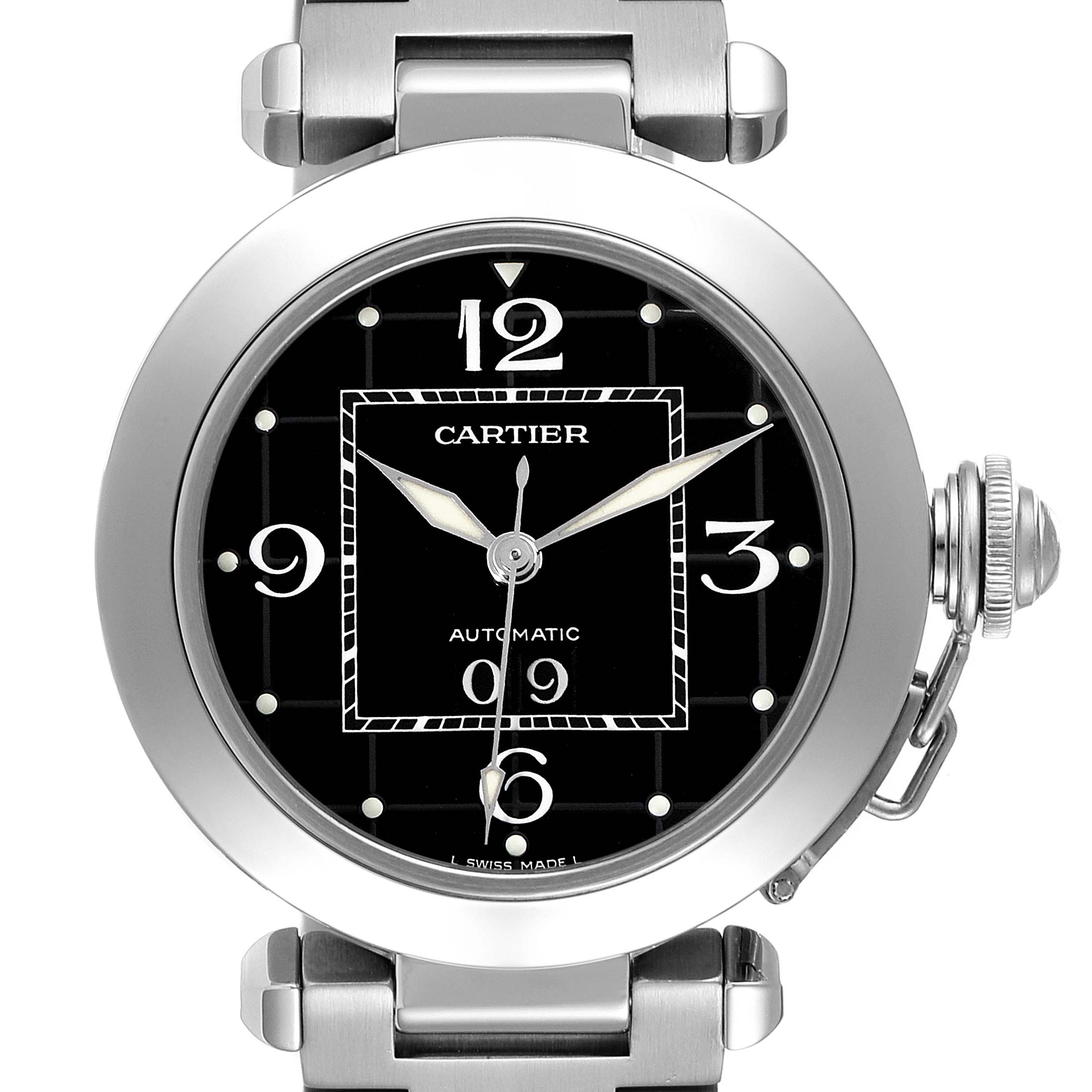 The image shows a front view of the Cartier Pasha W31053M7 Men's Stainless Steel Black Dial W31053M7 Men's Stainless Steel Black Dial model watch, displaying its face, bezel, and part of its strap.