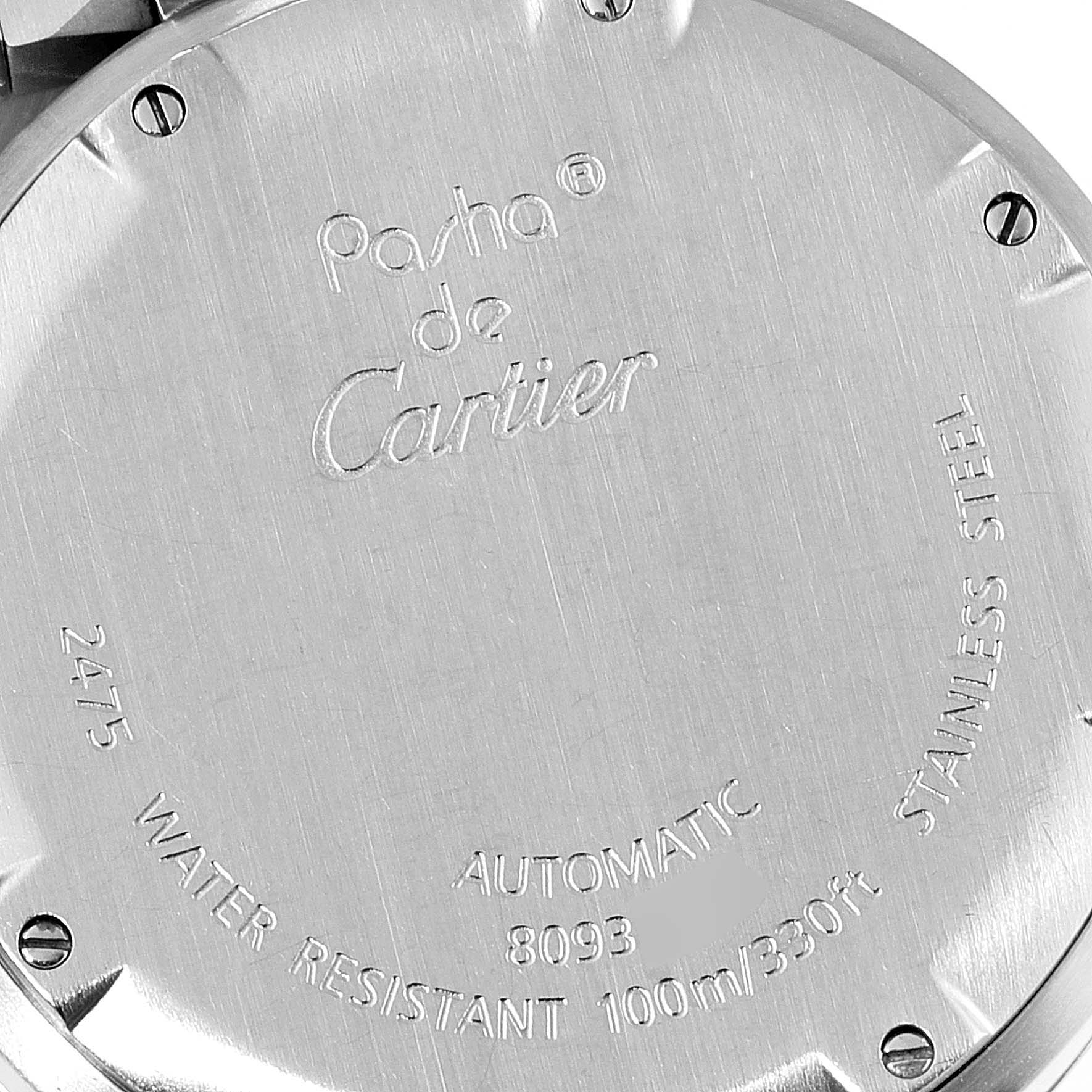 The image shows the back case of a Cartier Pasha W31053M7 Men's Stainless Steel Black Dial W31053M7 Men's Stainless Steel Black Dial watch, detailing its model, water resistance, and material.