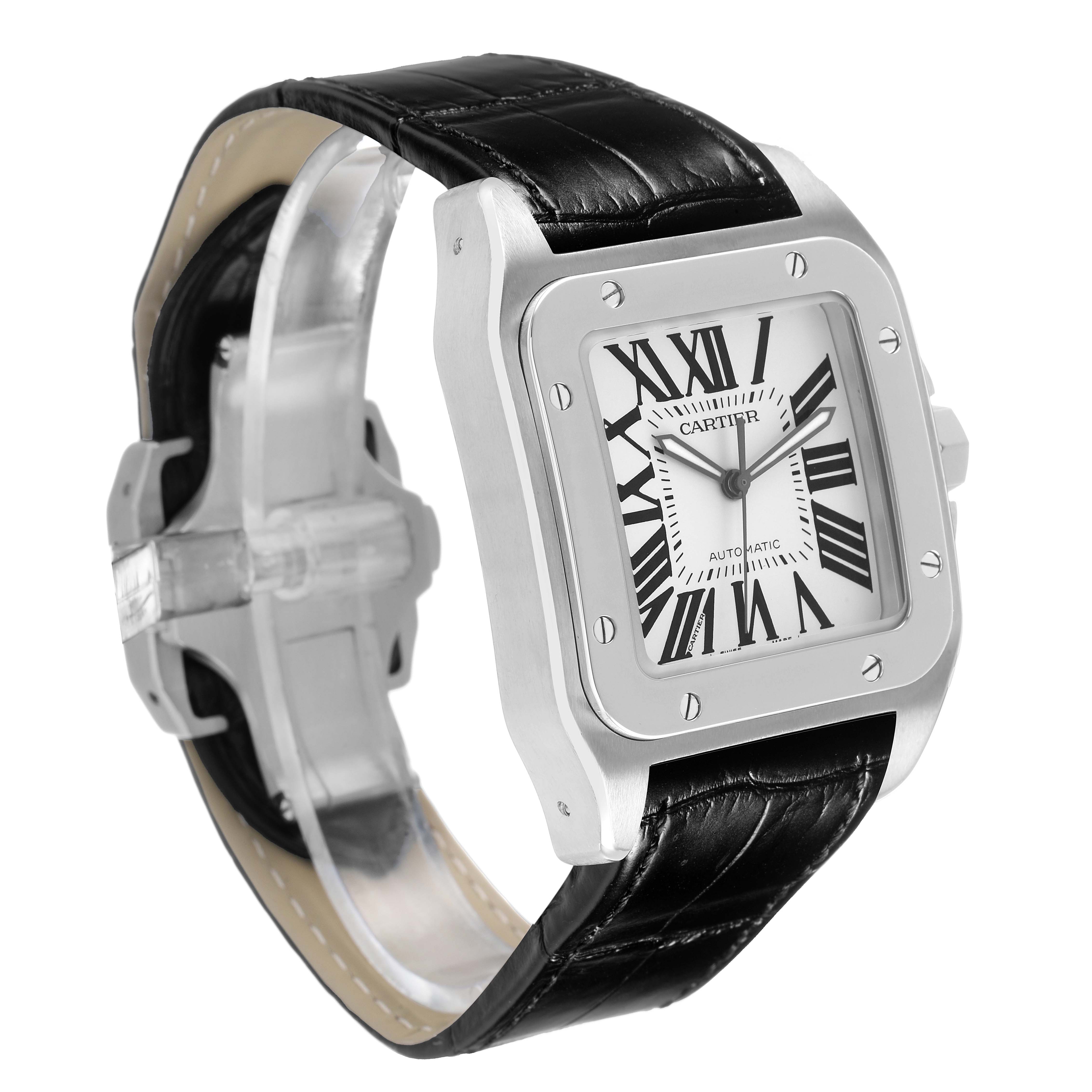 The Cartier Santos W20073X8 Men's Stainless Steel Silver Dial watch is shown at a three-quarter angle, highlighting the face, bezel, and black leather strap.
