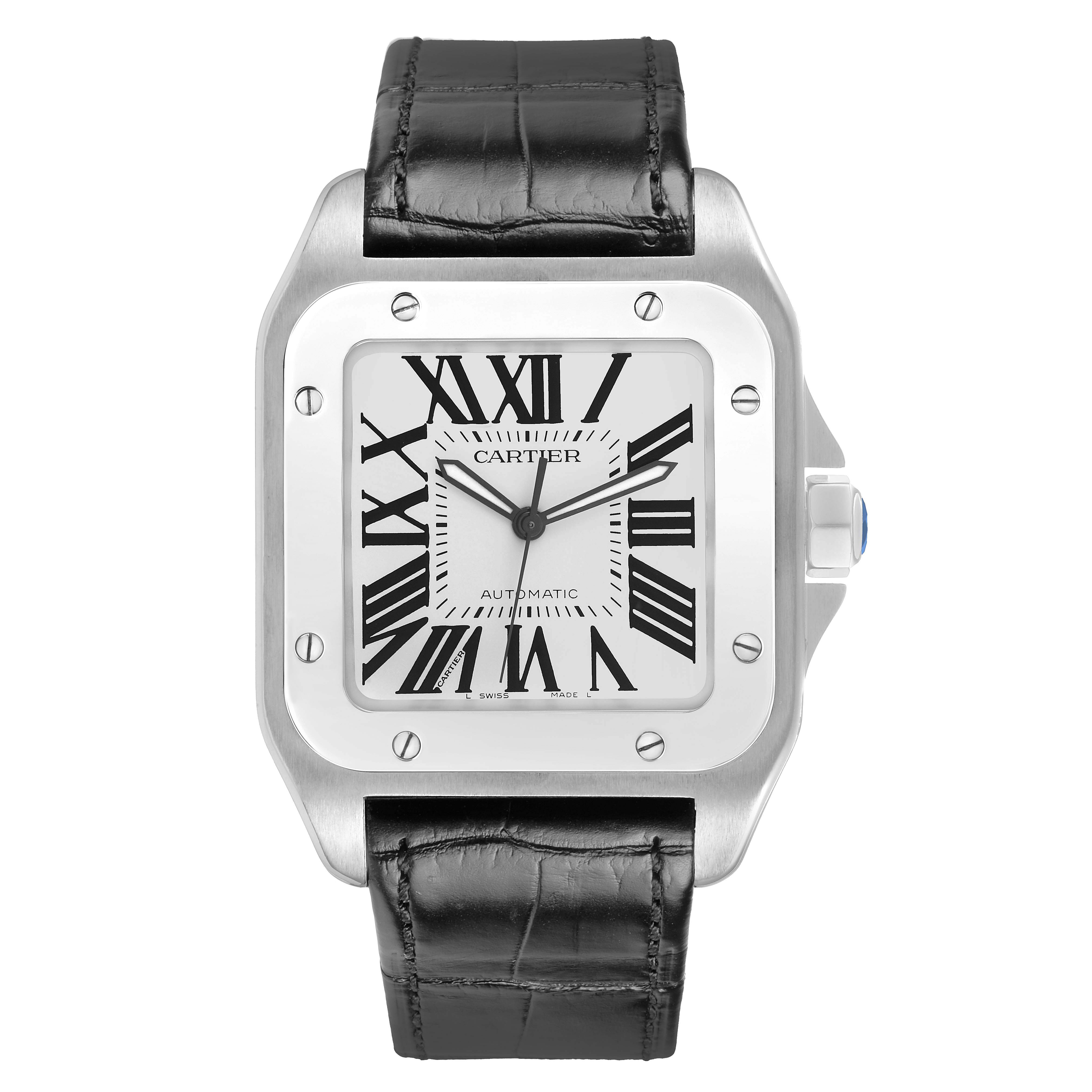 The Cartier Santos W20073X8 Men's Stainless Steel Silver Dial watch is shown from the front, highlighting the face, bezel, crown, and leather strap.