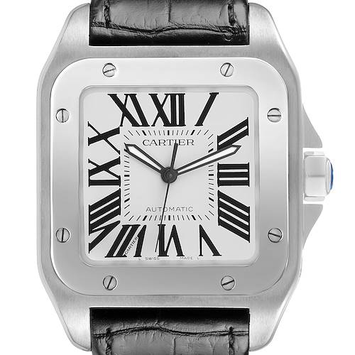 The image shows a close-up, frontal view of the Cartier Santos W20073X8 Men's Stainless Steel Silver Dial watch, highlighting the face, bezel, and part of the leather strap.