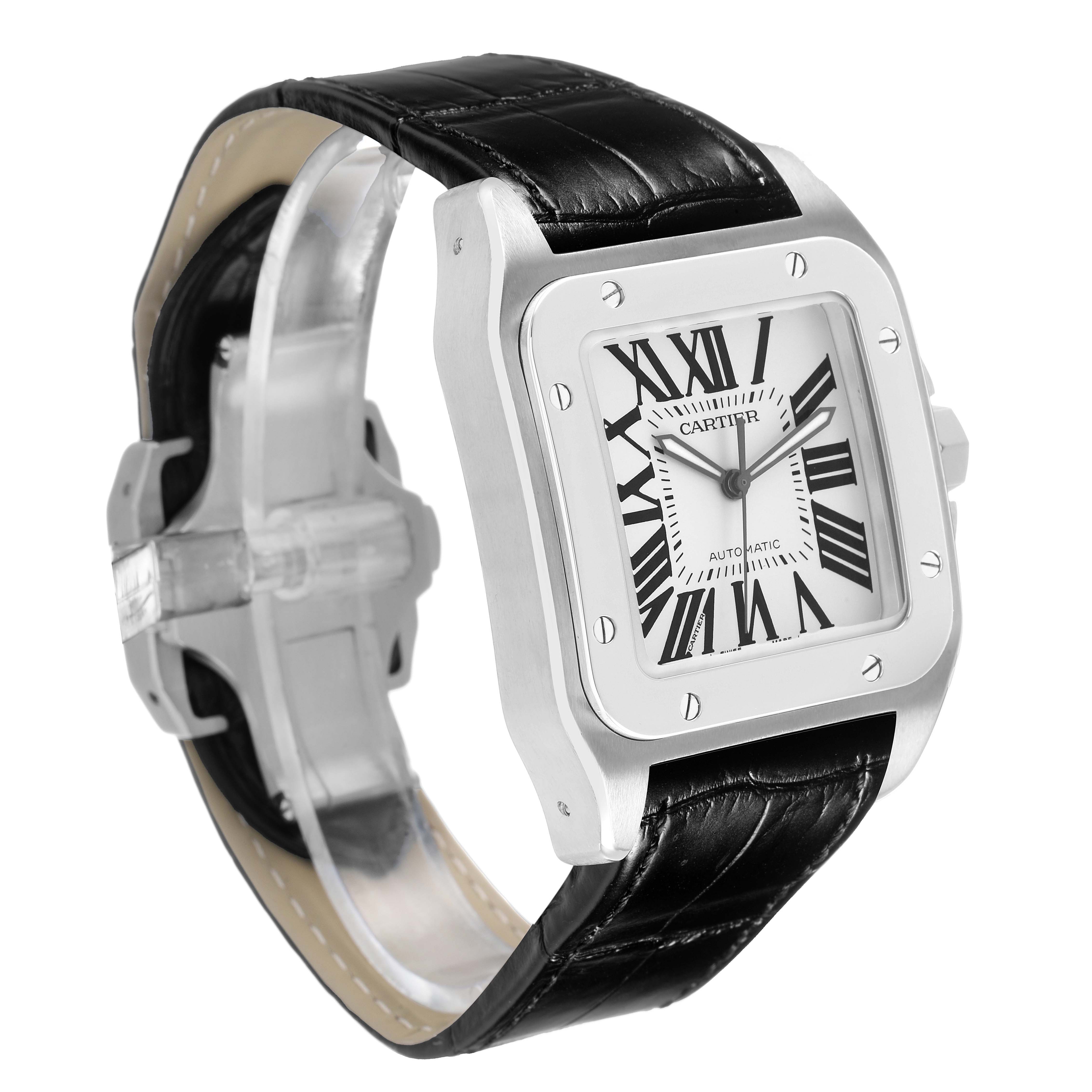 The image shows a Cartier Santos W20073X8 Men's Stainless Steel Silver Dial watch at a three-quarter angle, highlighting its square face, Roman numerals, and black leather strap.