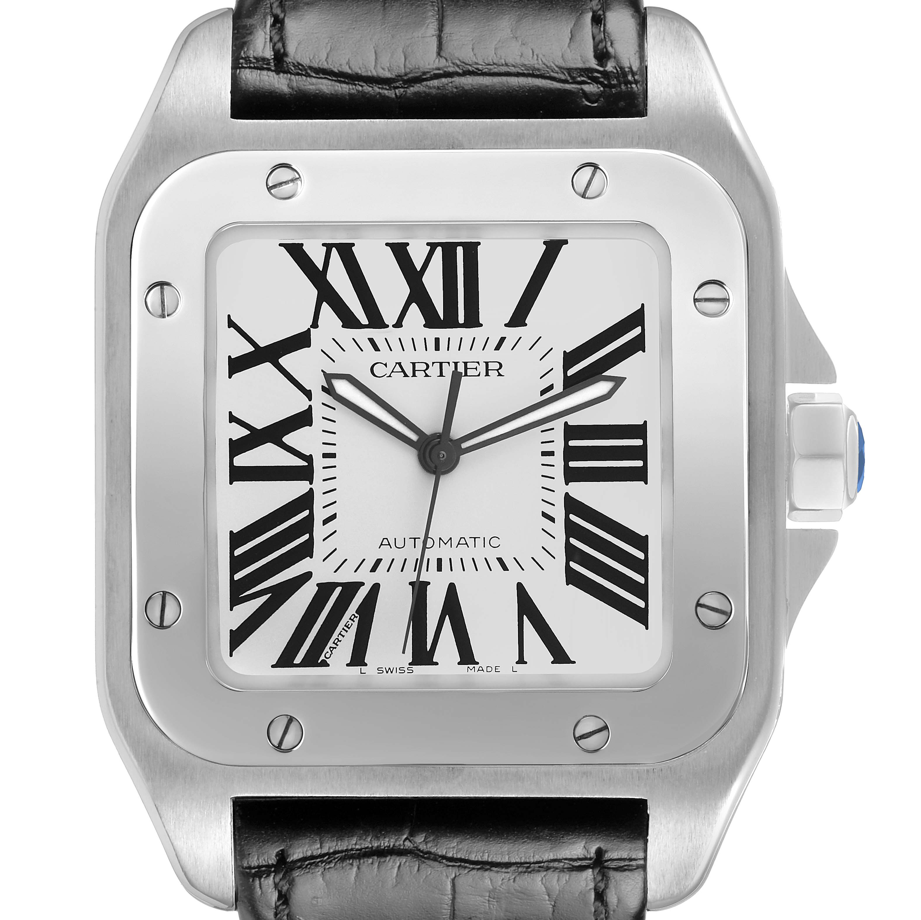 The Cartier Santos W20073X8 Men's Stainless Steel Silver Dial watch is shown from the front, highlighting the dial, bezel, and part of the leather strap.