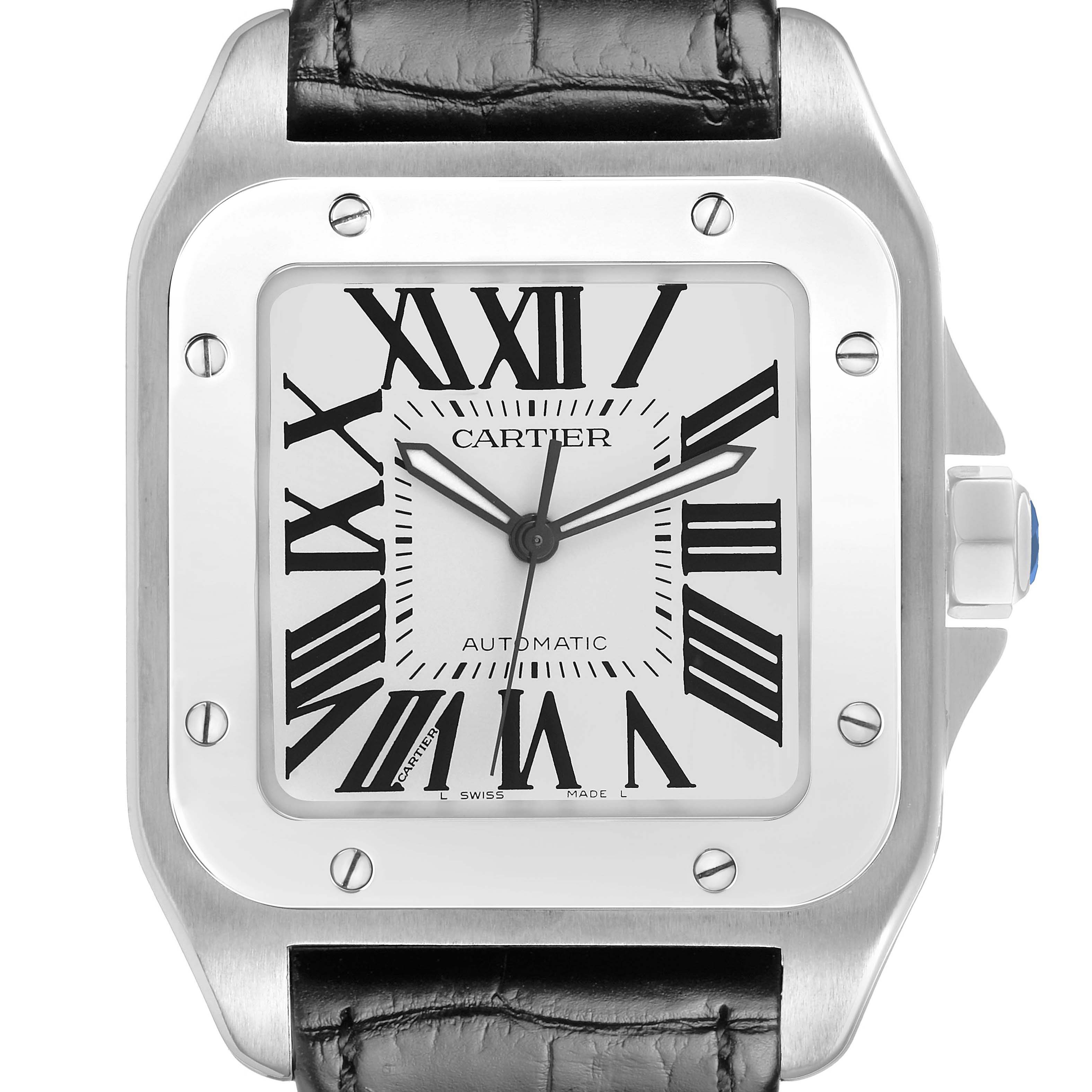 The Cartier Santos W20073X8 Men's Stainless Steel Silver Dial watch is shown front-facing, displaying the dial, bezel, and partial strap.