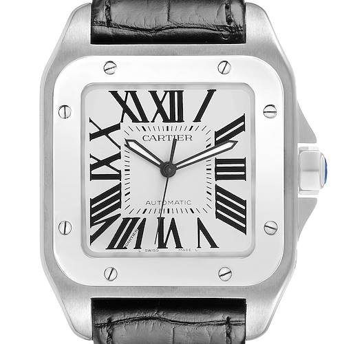 The Cartier Santos W20073X8 Men's Stainless Steel Silver Dial watch is shown from the front, highlighting its square dial, Roman numerals, and metal bezel with screws.